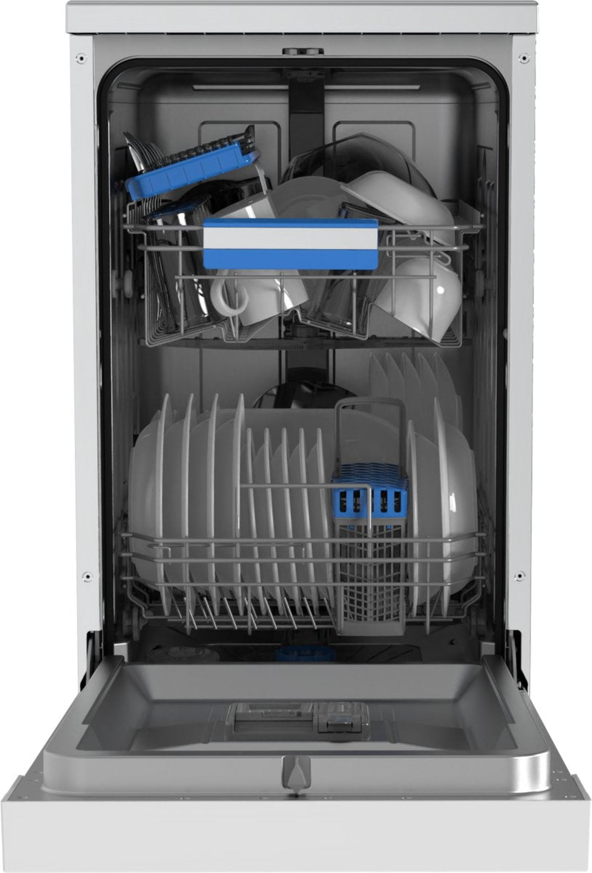 Open dishwasher filled with dishes, cutlery, and cups on racks.