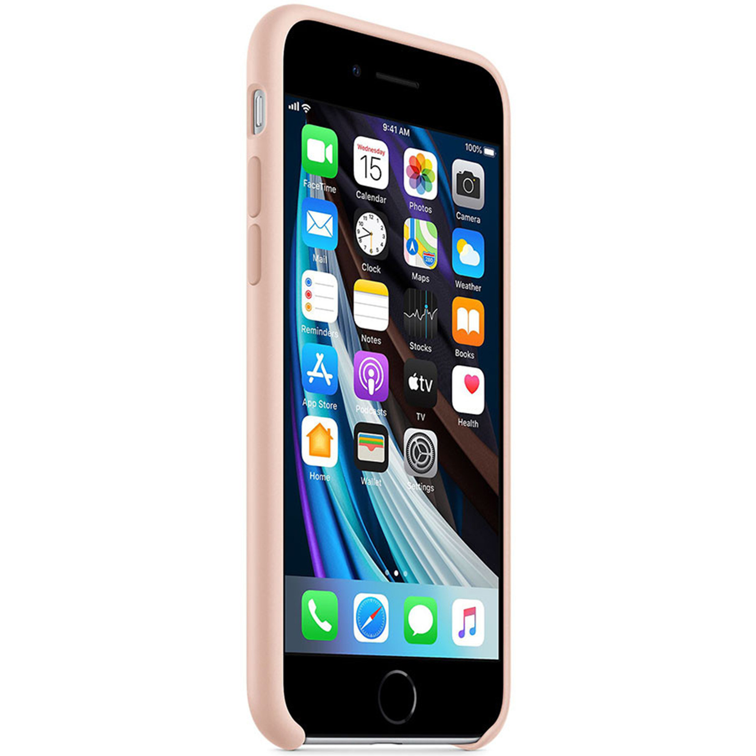 Ein rosafarbenes iPhone mit vielen App-Symbolen auf dem Bildschirm.