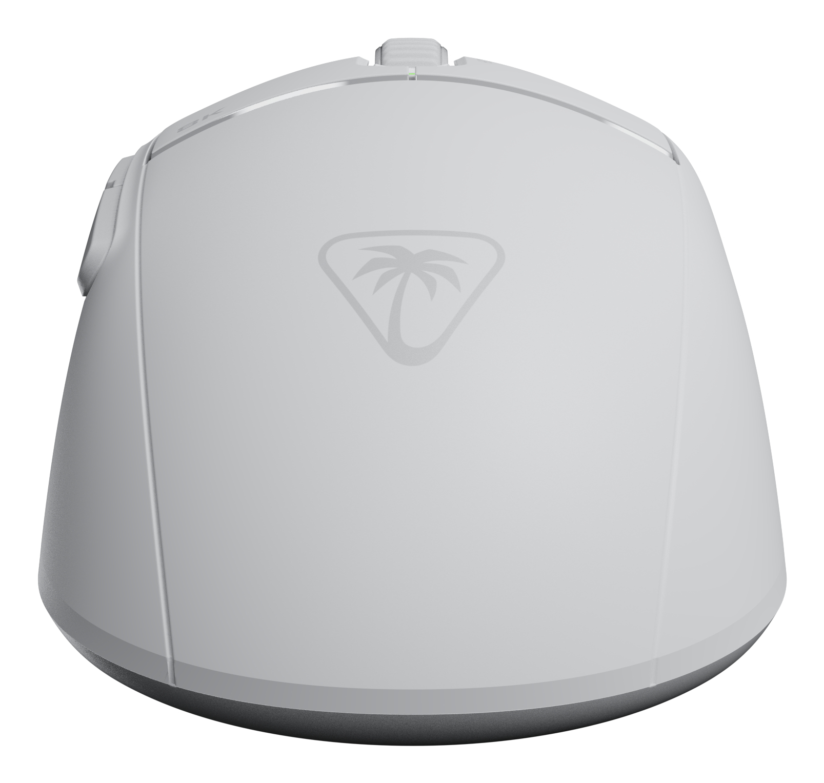 Mouse per computer bianco con logo palma e base grigia.
