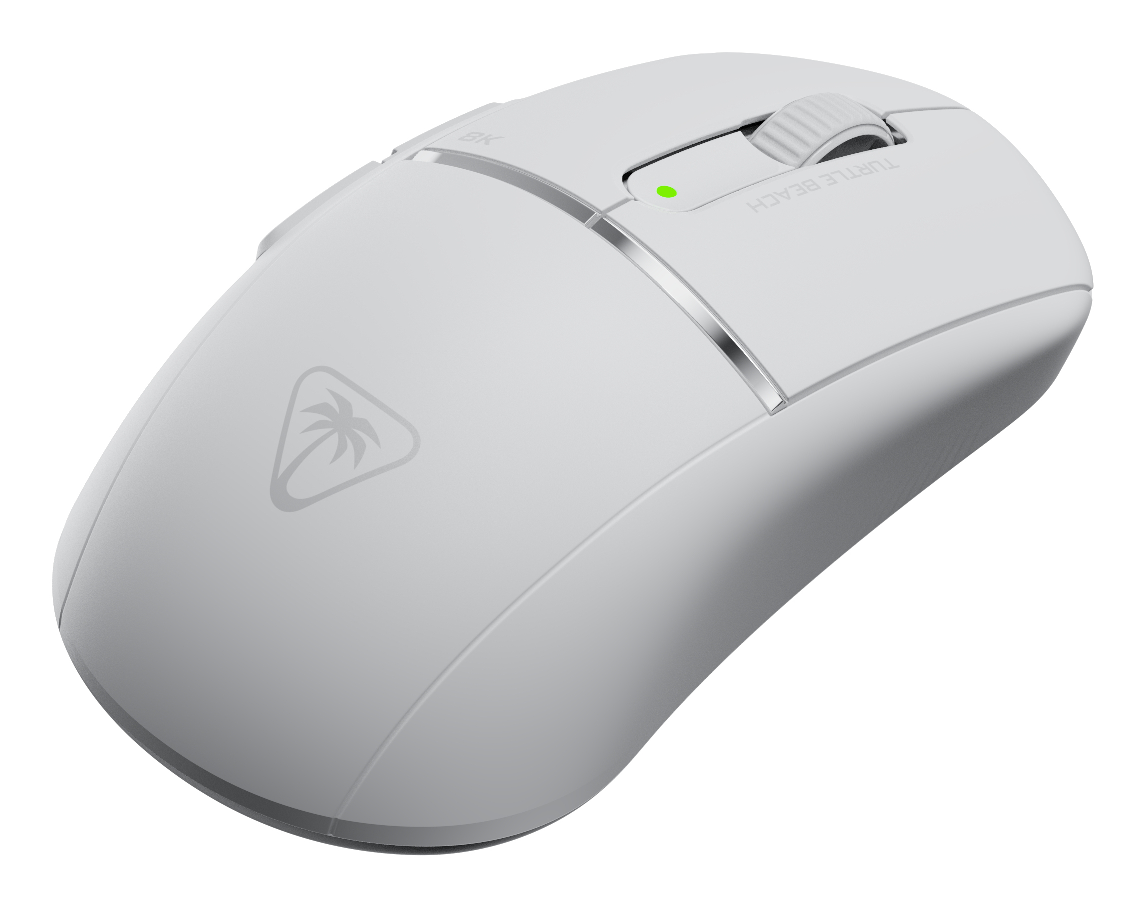 Un mouse da gaming bianco con rotellina e luce verde.