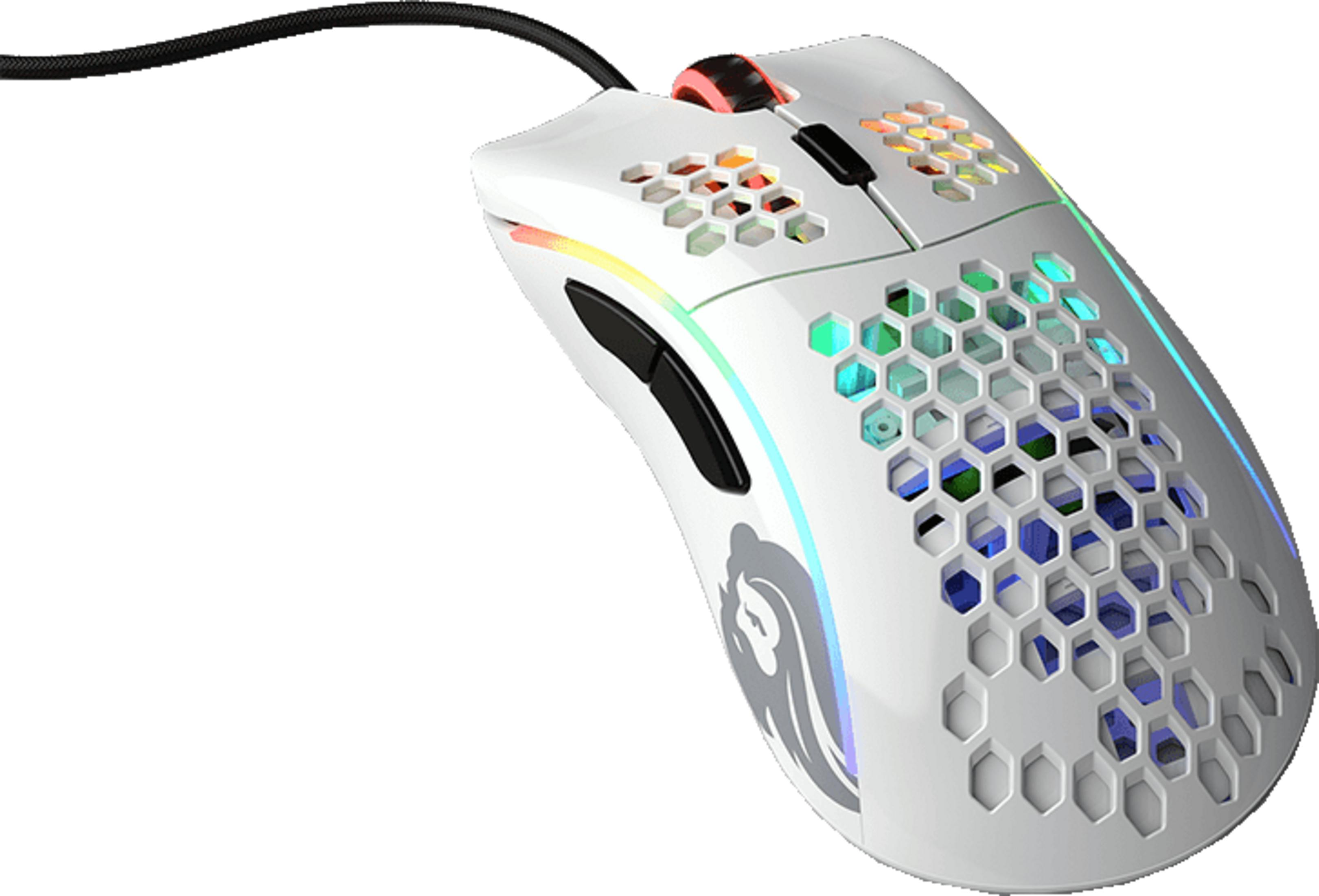 Souris gaming blanche avec design en nid d'abeille et éclairage RVB. Câble noir.