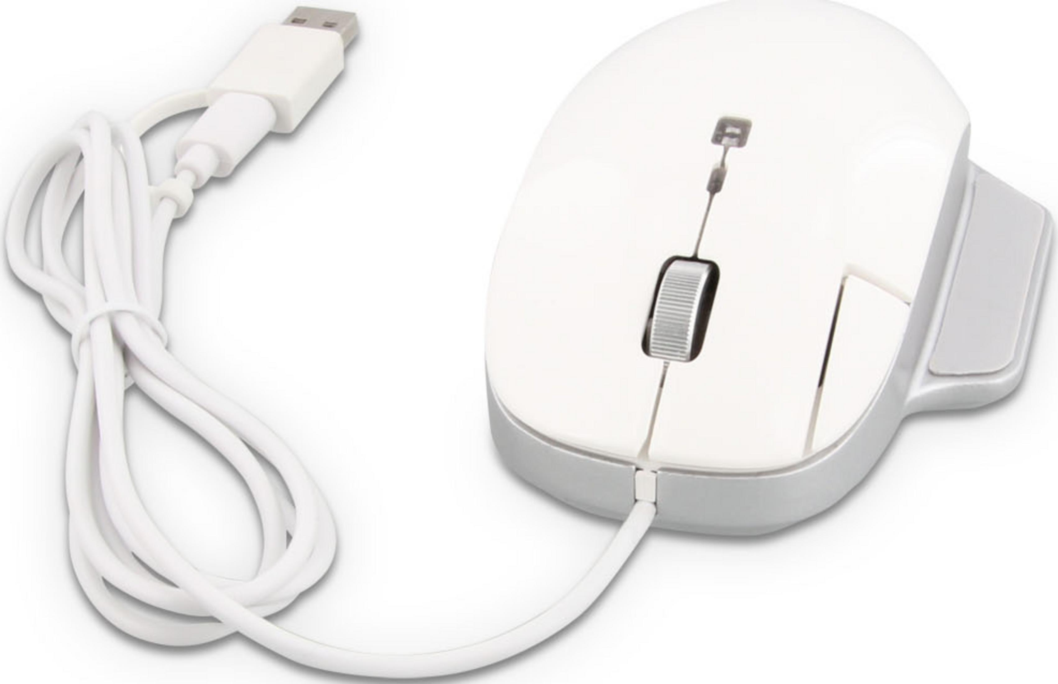 Un ratón de ordenador USB blanco con rueda de desplazamiento plateada y cable blanco.