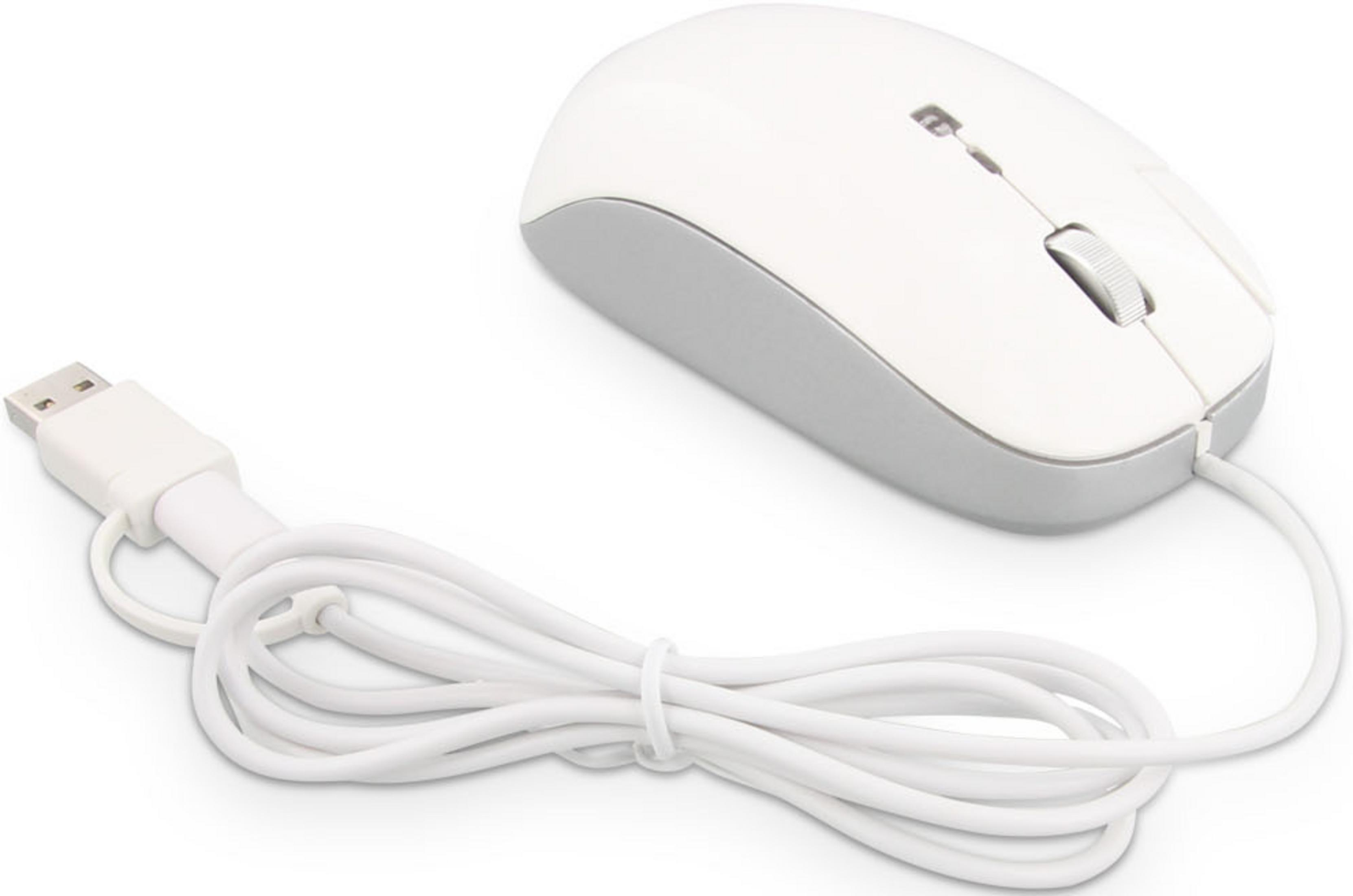 Un ratón USB blanco con cable enrollado y conector USB.