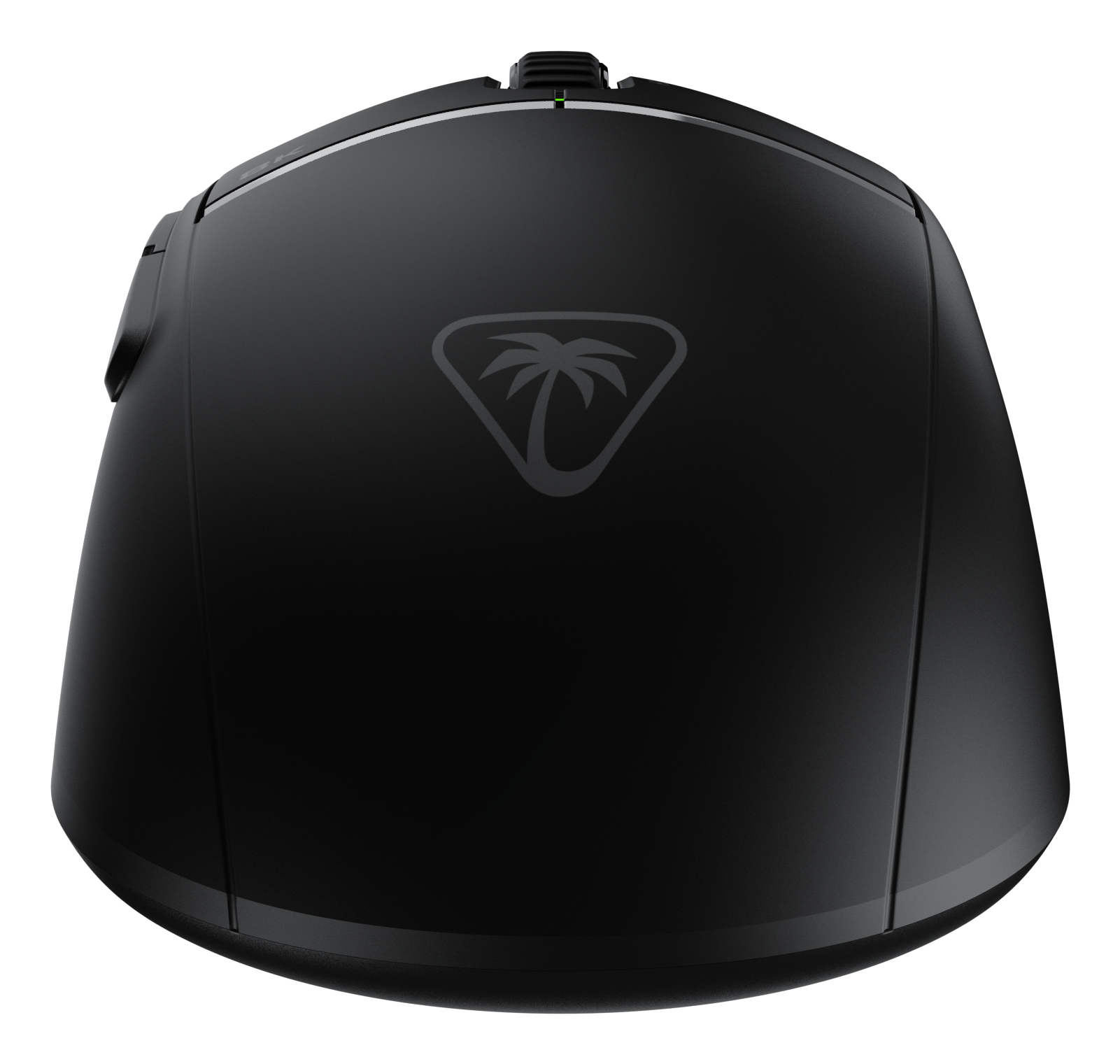 Mouse nero con logo di palma. È visibile una spia verde.