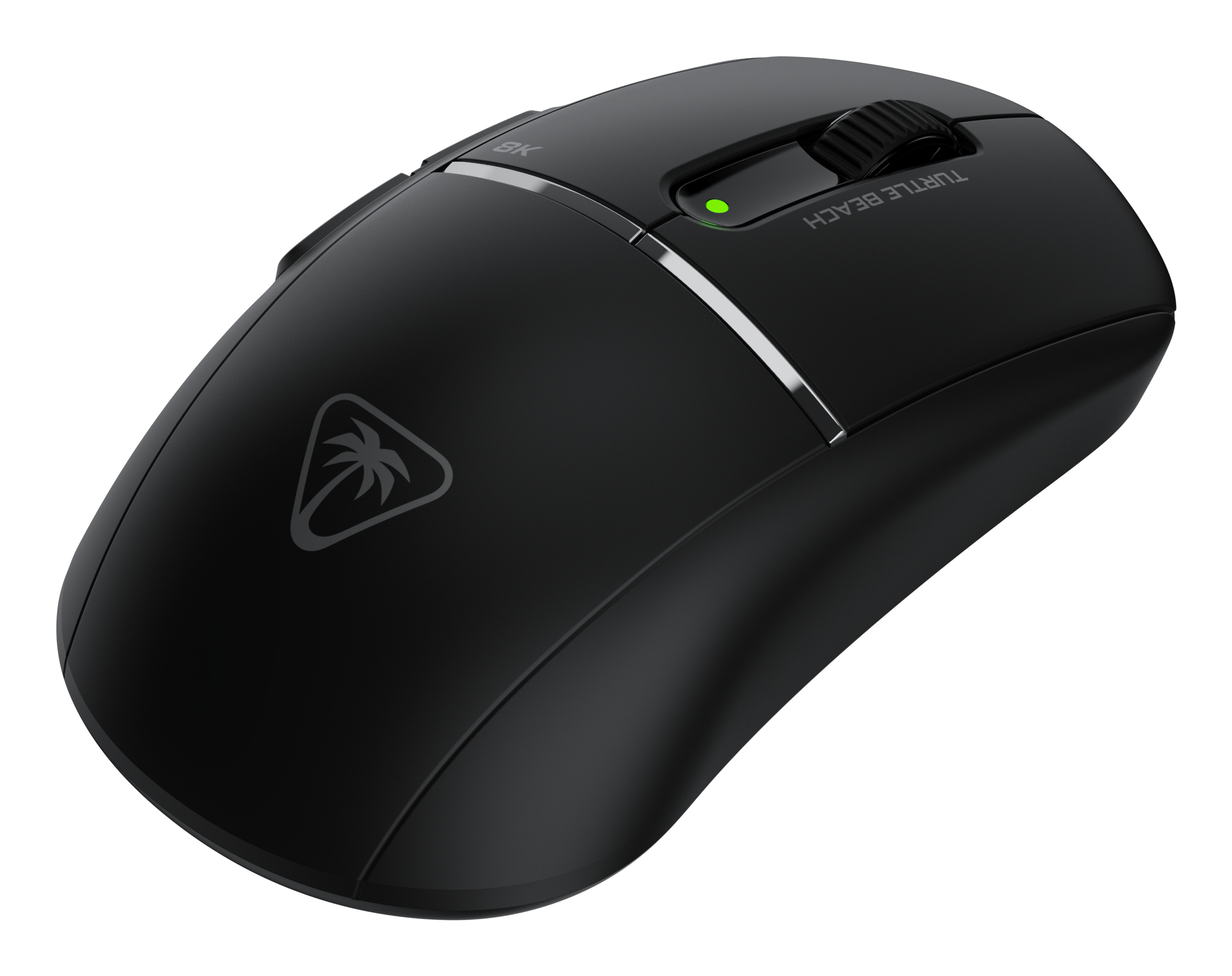 Mouse nero con accenti argentati, una luce verde e un logo a palma.