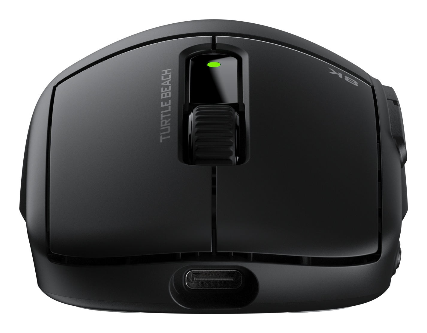Mouse gaming nero con luce verde accesa, porta USB-C visibile.