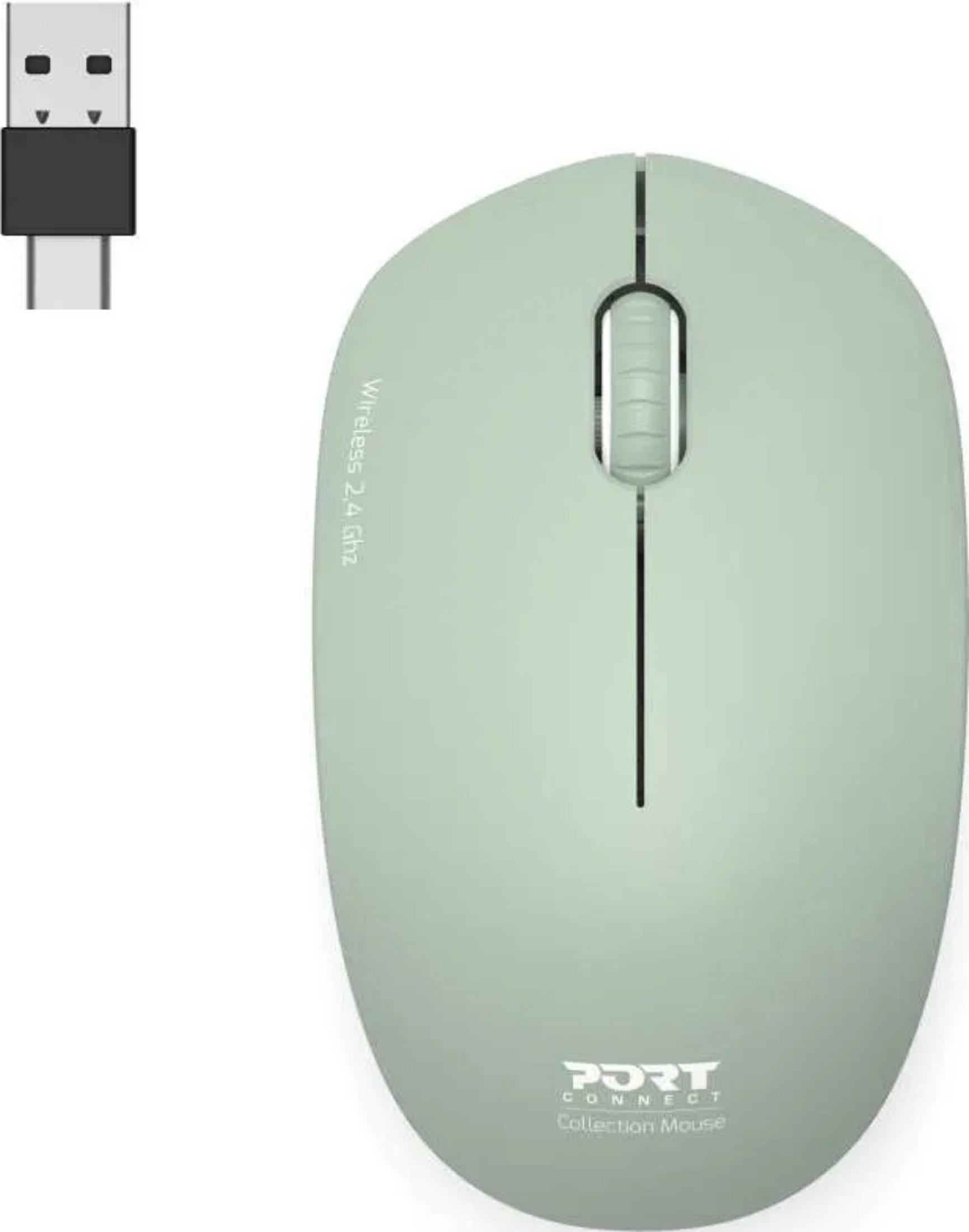 Un mouse wireless verde chiaro con dongle USB.
