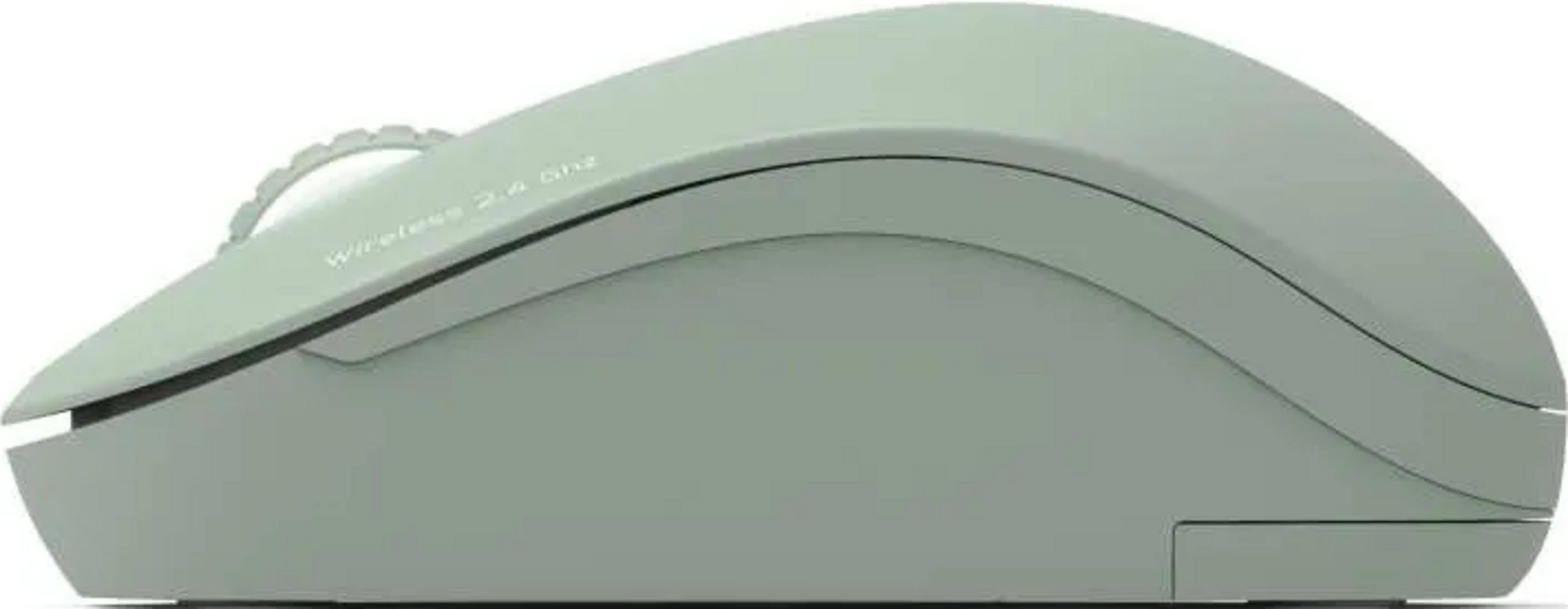 Un mouse wireless grigio-verde con rotellina di scorrimento.