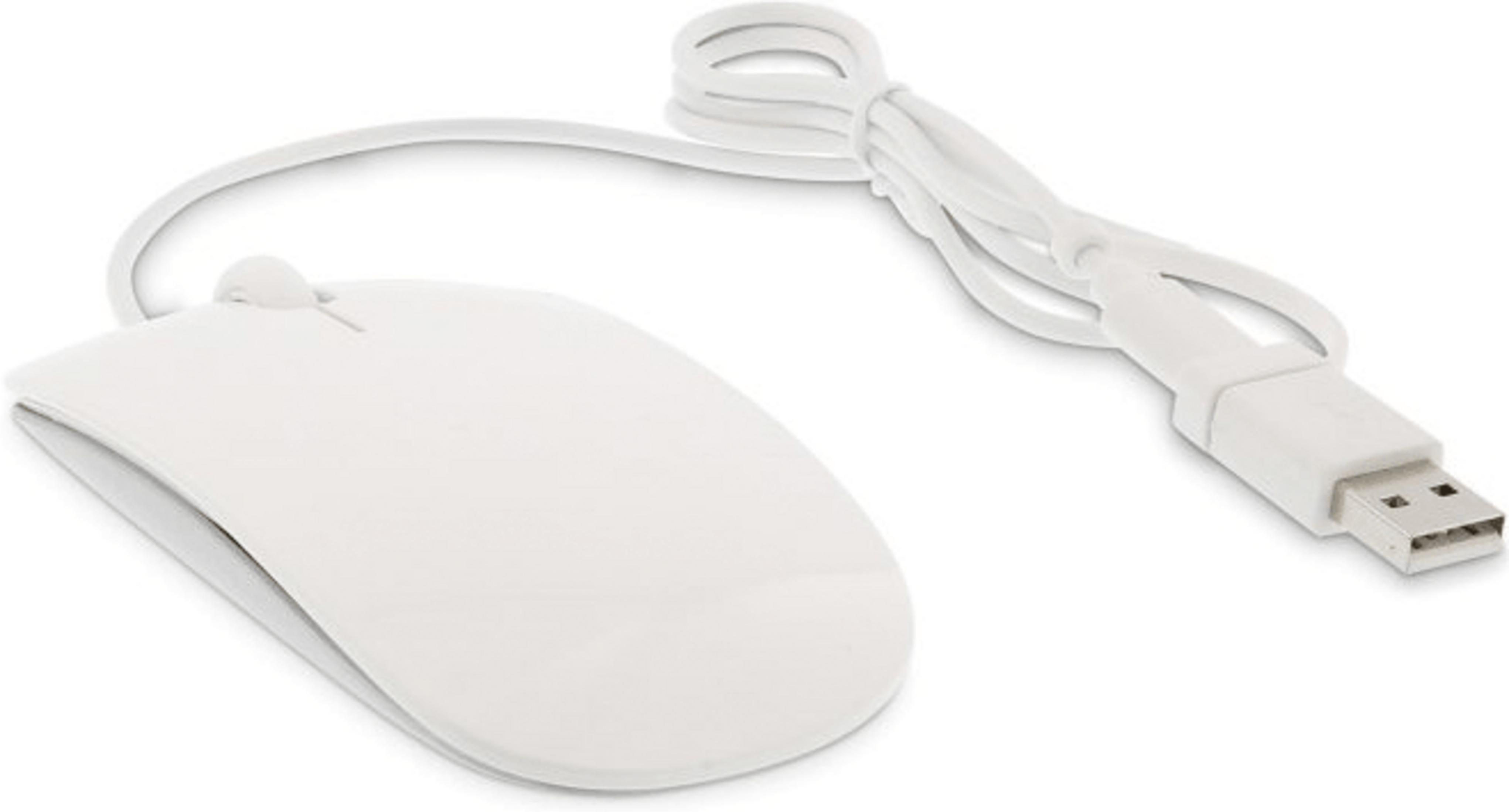 Un ratón de ordenador blanco con cable USB sobre fondo blanco.