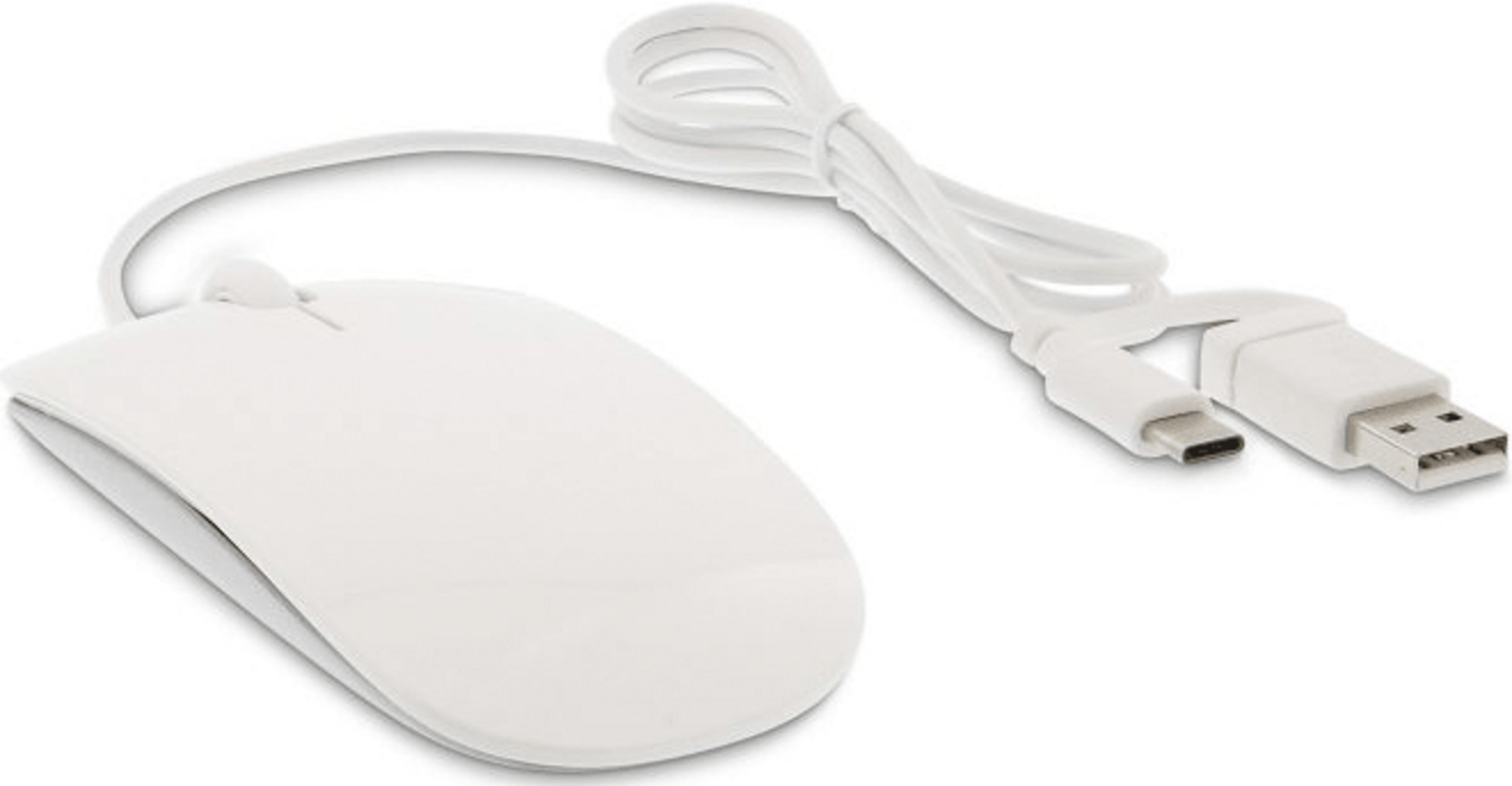 Un ratón de computadora blanco con cable blanco y conectores USB-C y USB-A.
