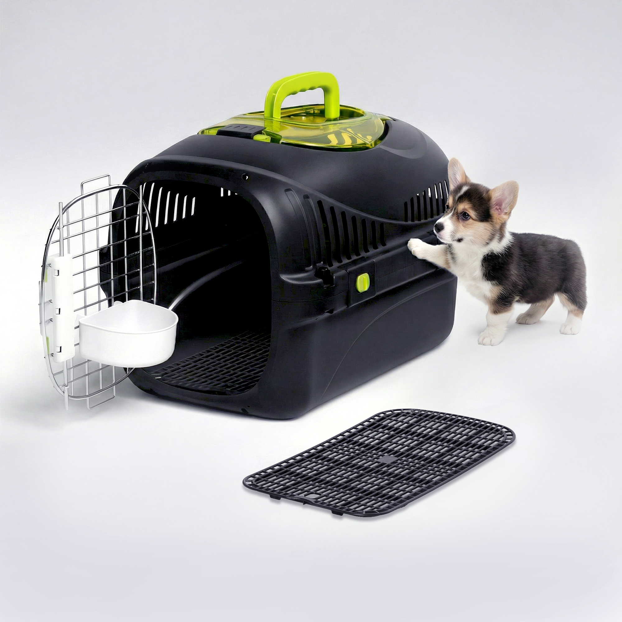 Ein Corgi-Welpe steht neben einer schwarzen Transportbox mit grünem Griff.