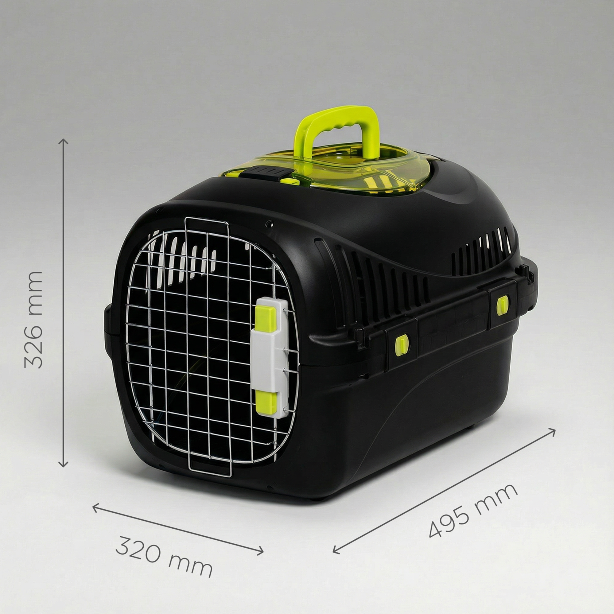Schwarzer Transportkorb für Haustiere mit grünem Griff und Lüftungsschlitzen.