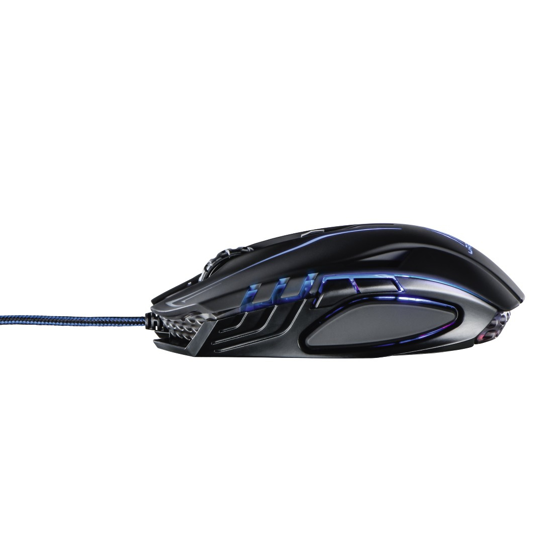 Eine schwarze Gaming-Maus mit blauen Lichtern und einem geflochtenen Kabel.