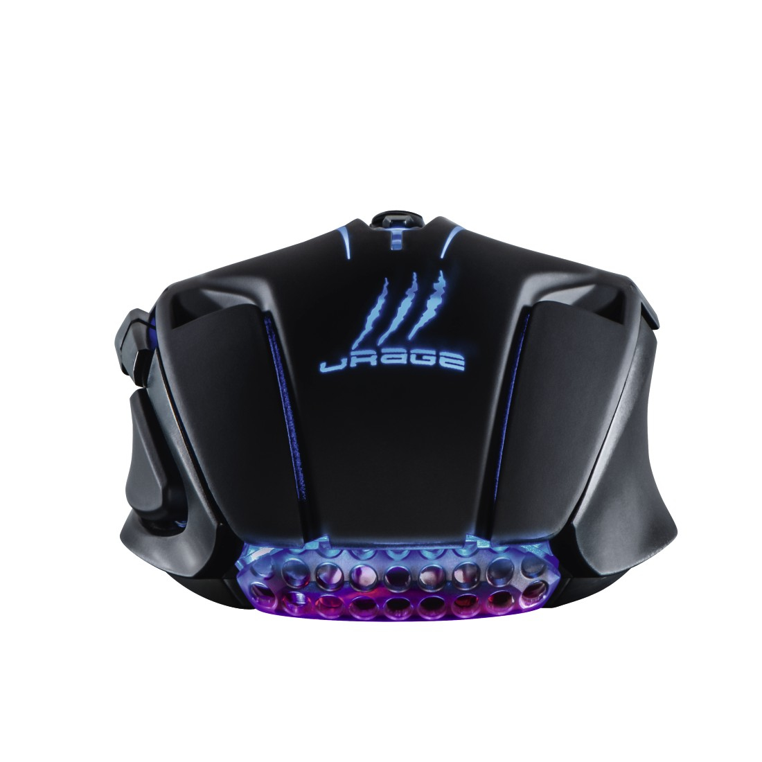Schwarze Gaming-Maus mit blauen Lichtern und "URAGE"-Logo.