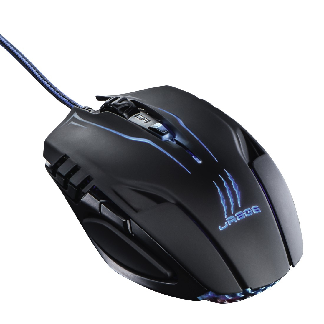 Schwarze Gaming-Maus mit blauen LED-Akzenten und DPI-Taste.