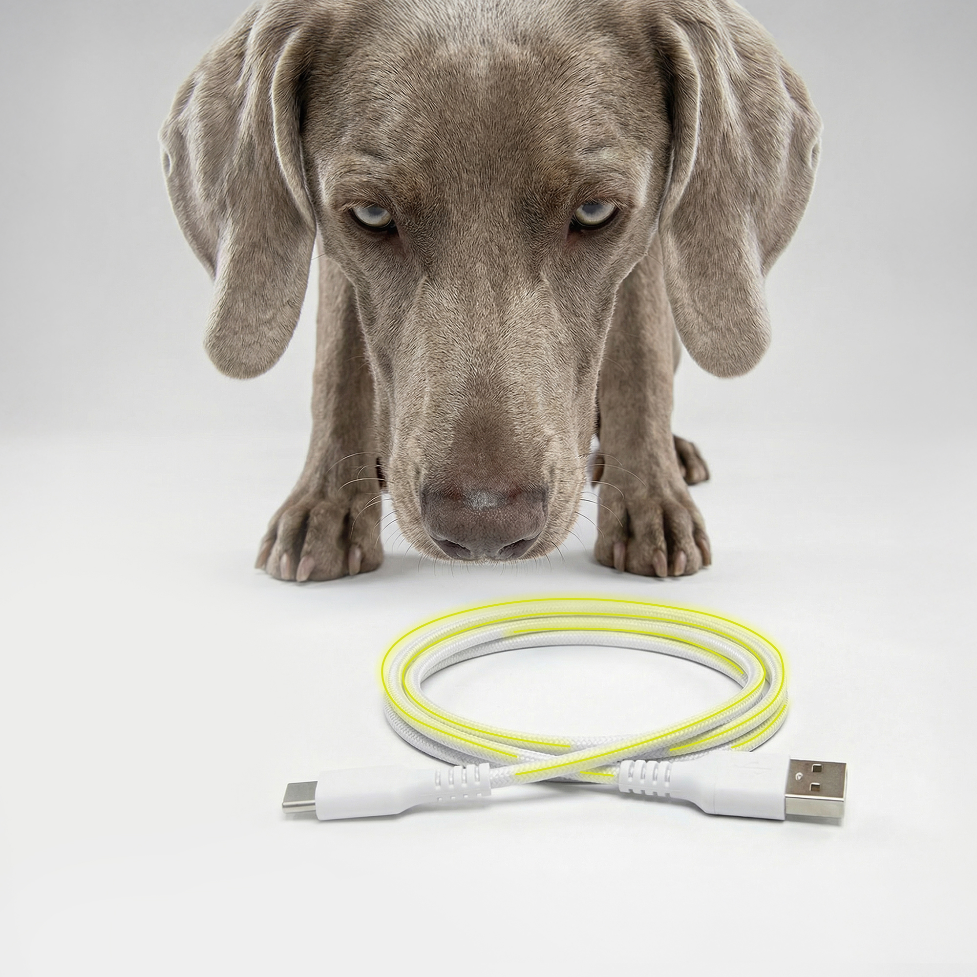 Ein Weimaraner blickt auf ein weißes USB-Kabel mit gelben Akzenten.