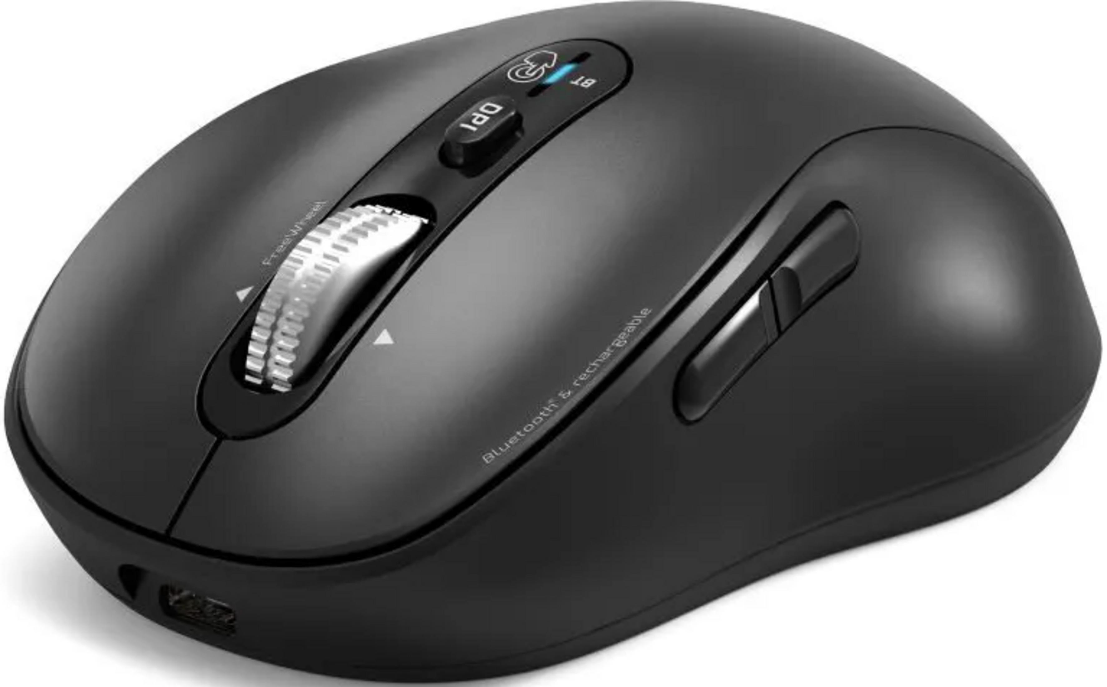 Mouse wireless nero con rotellina, pulsante DPI e simbolo Bluetooth.