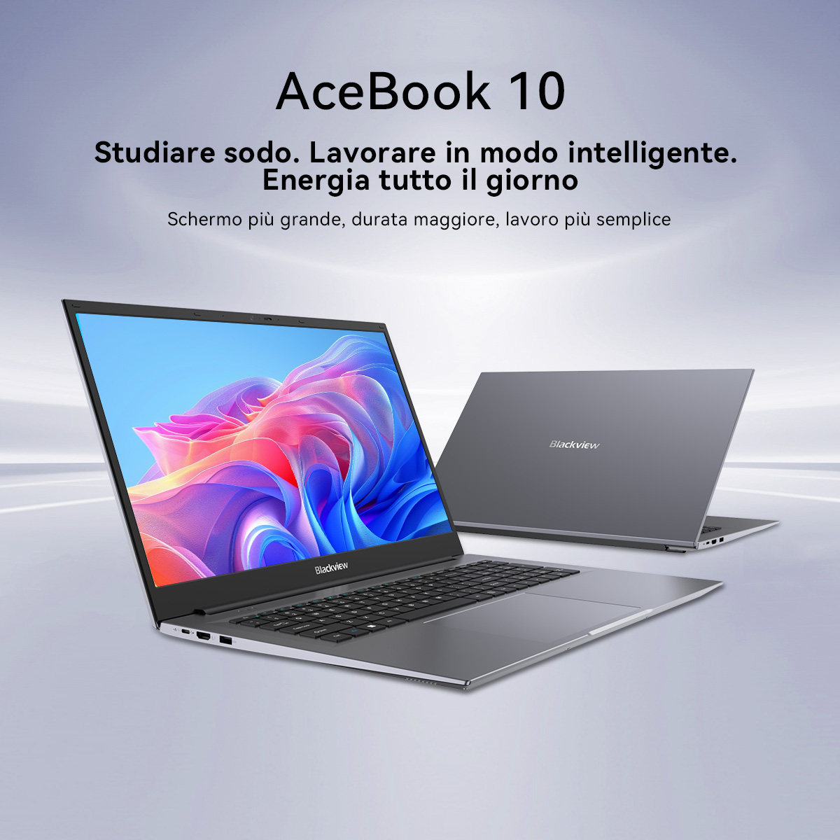Due laptop grigi Blackview AceBook 10. Uno è aperto, mostra uno schermo colorato e tastiera.