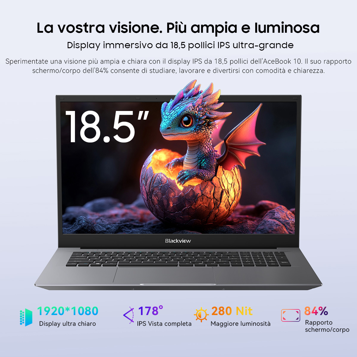 Un laptop mostra un piccolo drago in un uovo. Schermo da 18,5 pollici.