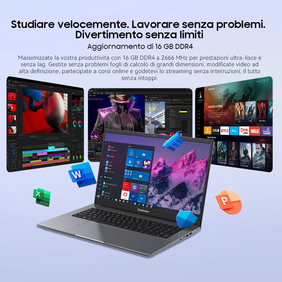 Un laptop mostra tre schermi: montaggio video, viste desktop e contenuti in streaming.
