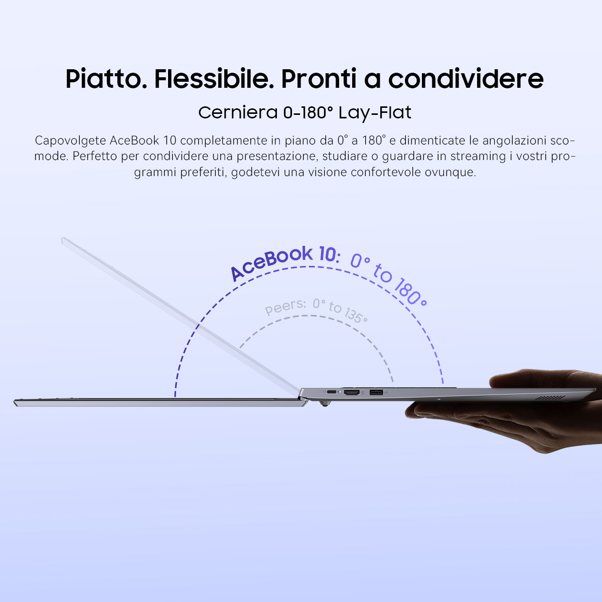 Un laptop è tenuto da una mano, che si apre a 180 gradi.