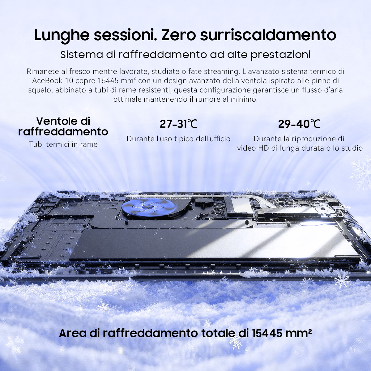 Sistema di raffreddamento portatile con ventole, tubi in rame e intervalli termici.