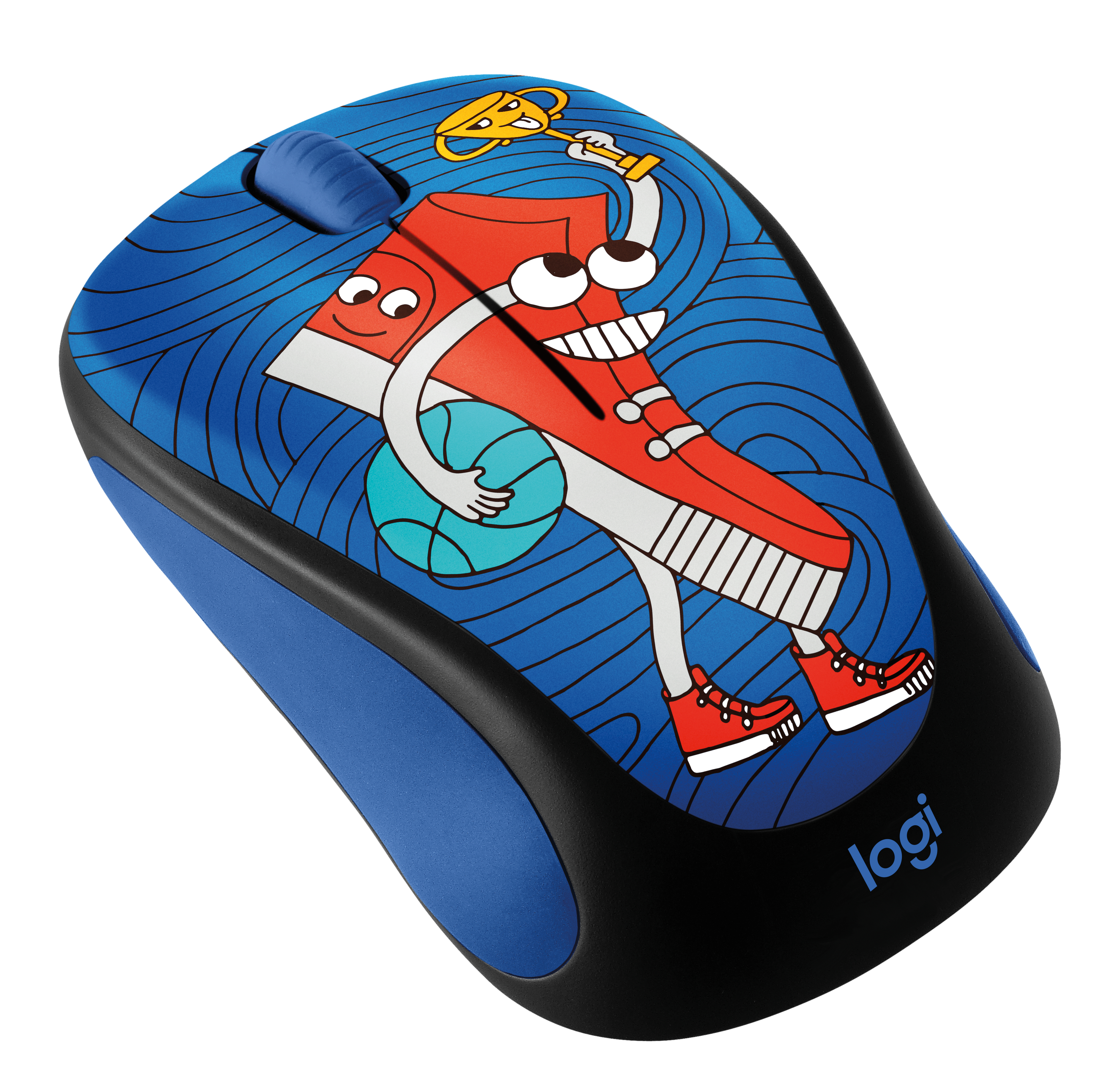 A blue Logi mouse featuring a cartoon shoe holding a basketball.