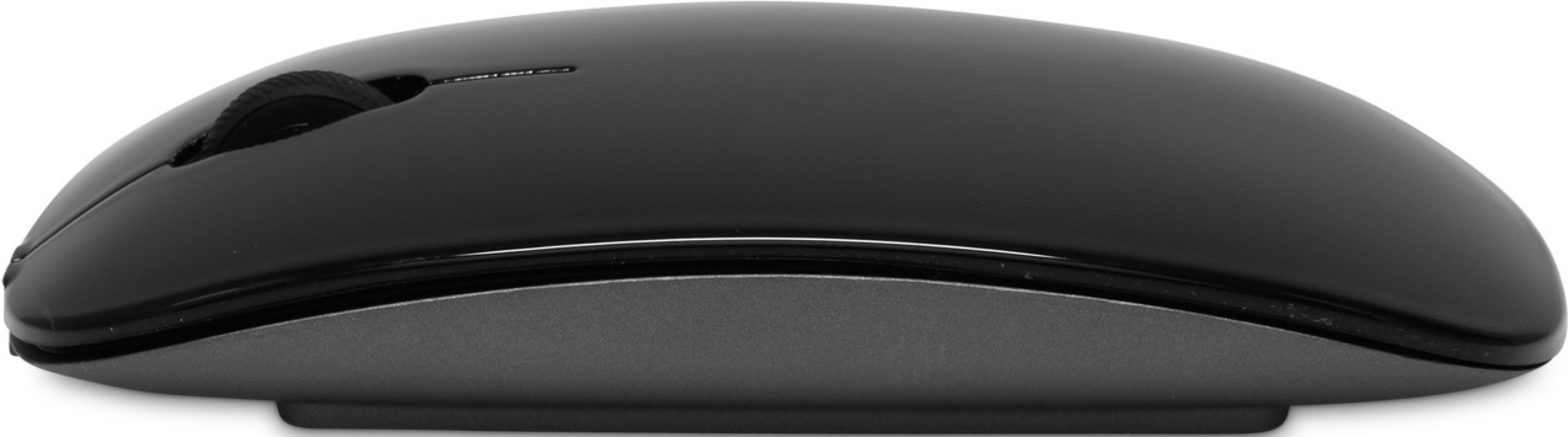 Czarna mysz komputerowa z kółkiem przewijania i gładką powierzchnią.