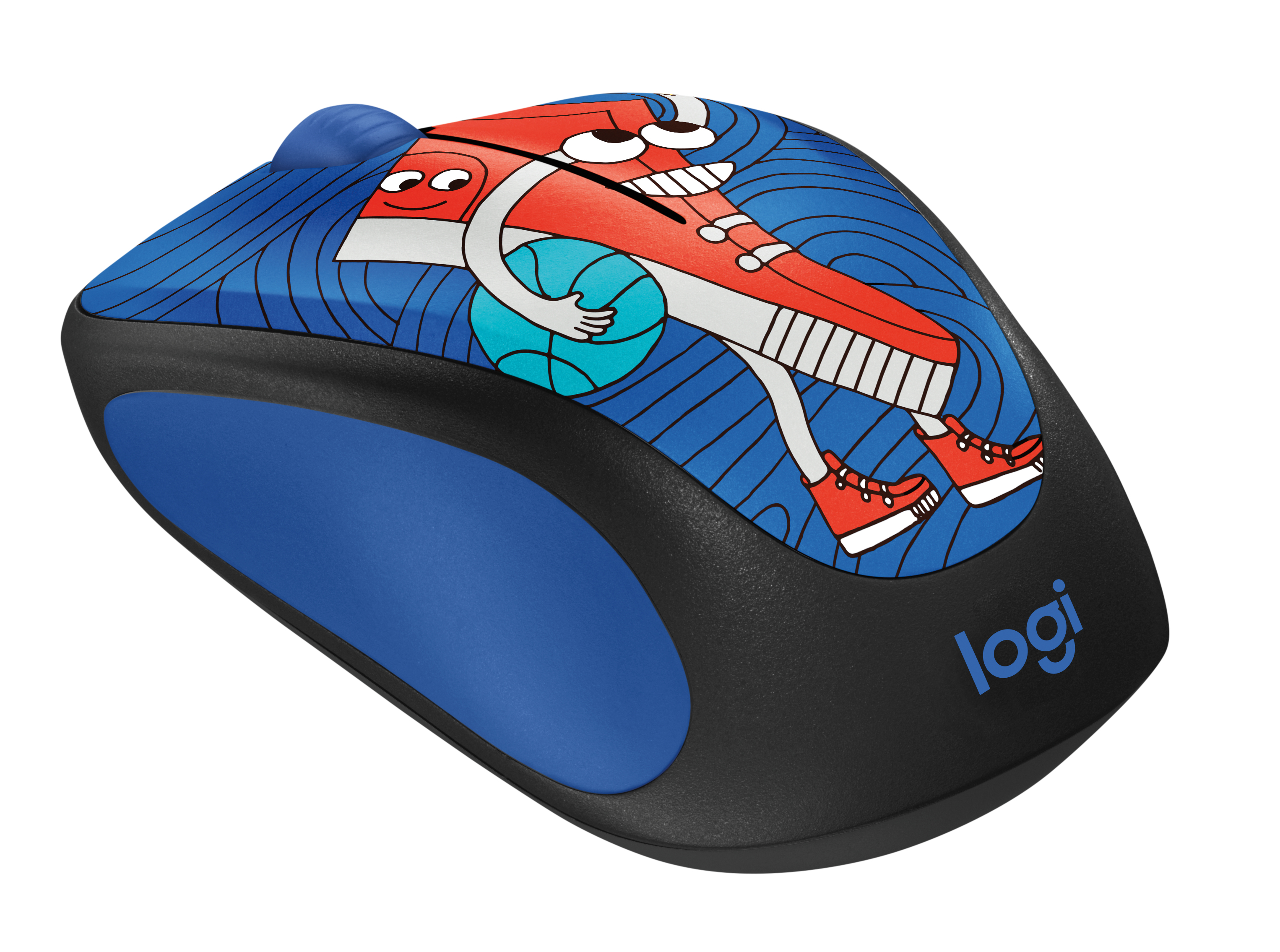 A wireless computer mouse with a cartoon red sneaker character holding a blue basketball on top.