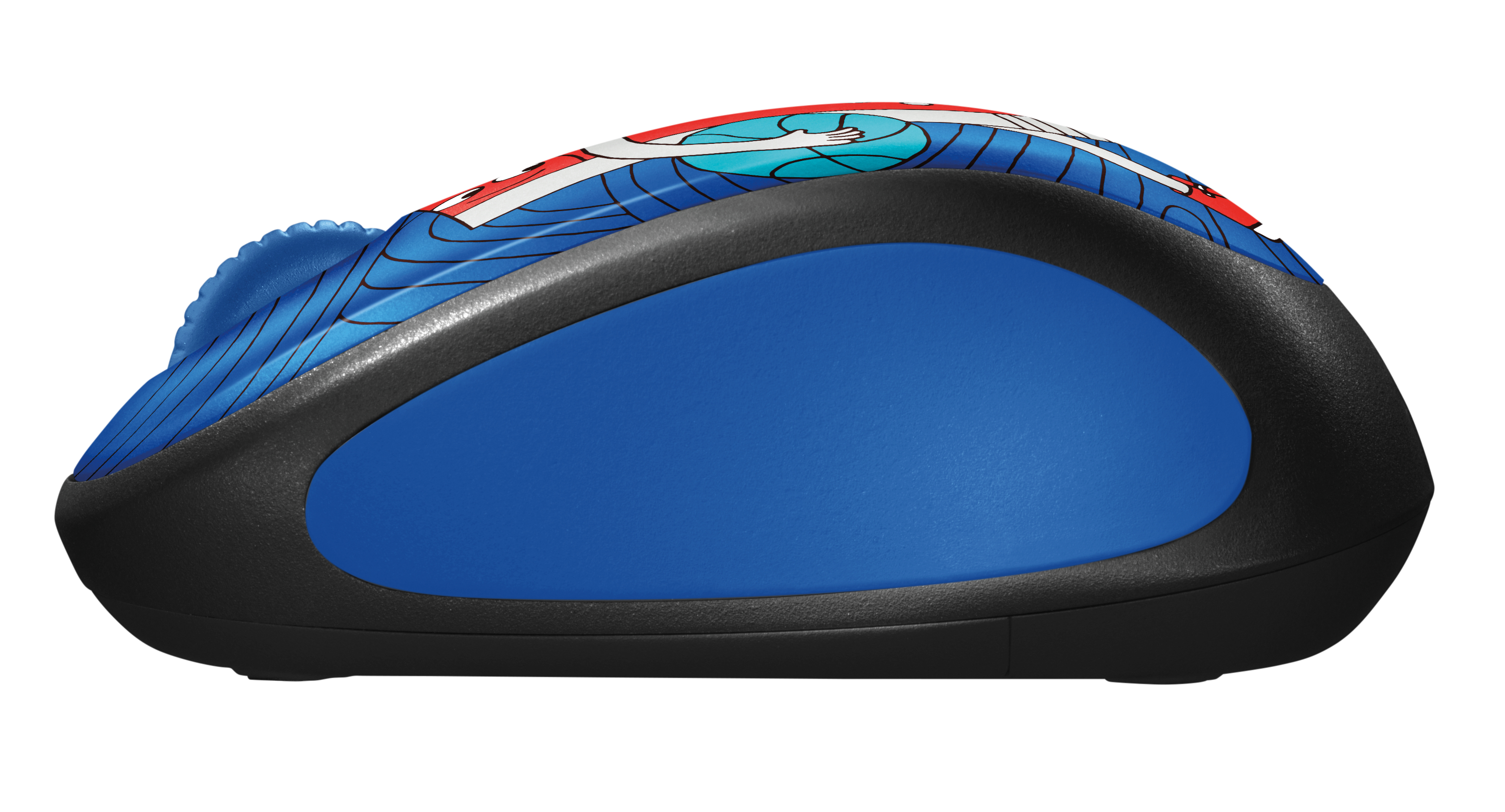 A blue computer mouse with black rubber trim and cartoon graphics.