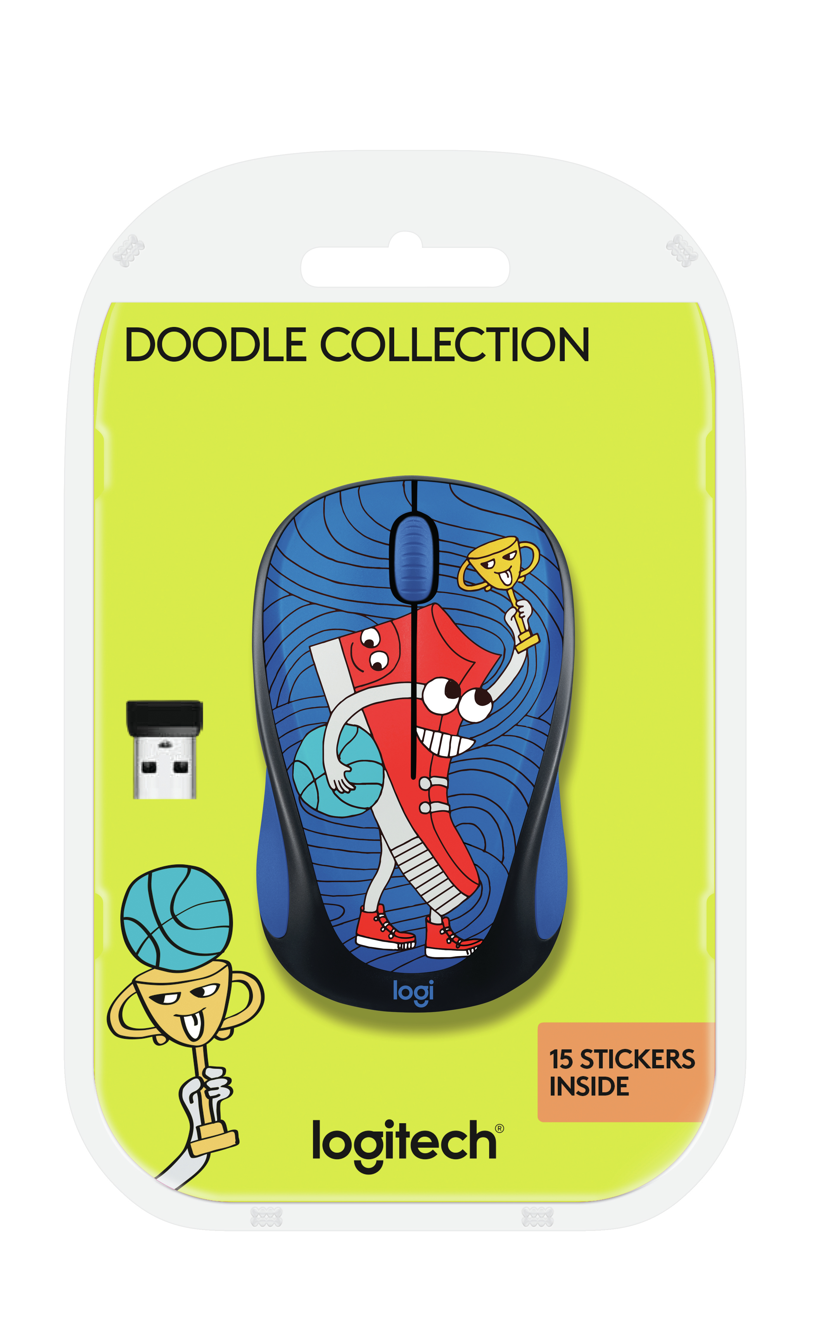Logitech mouse with a doodle-style basketball character design, includes USB receiver.