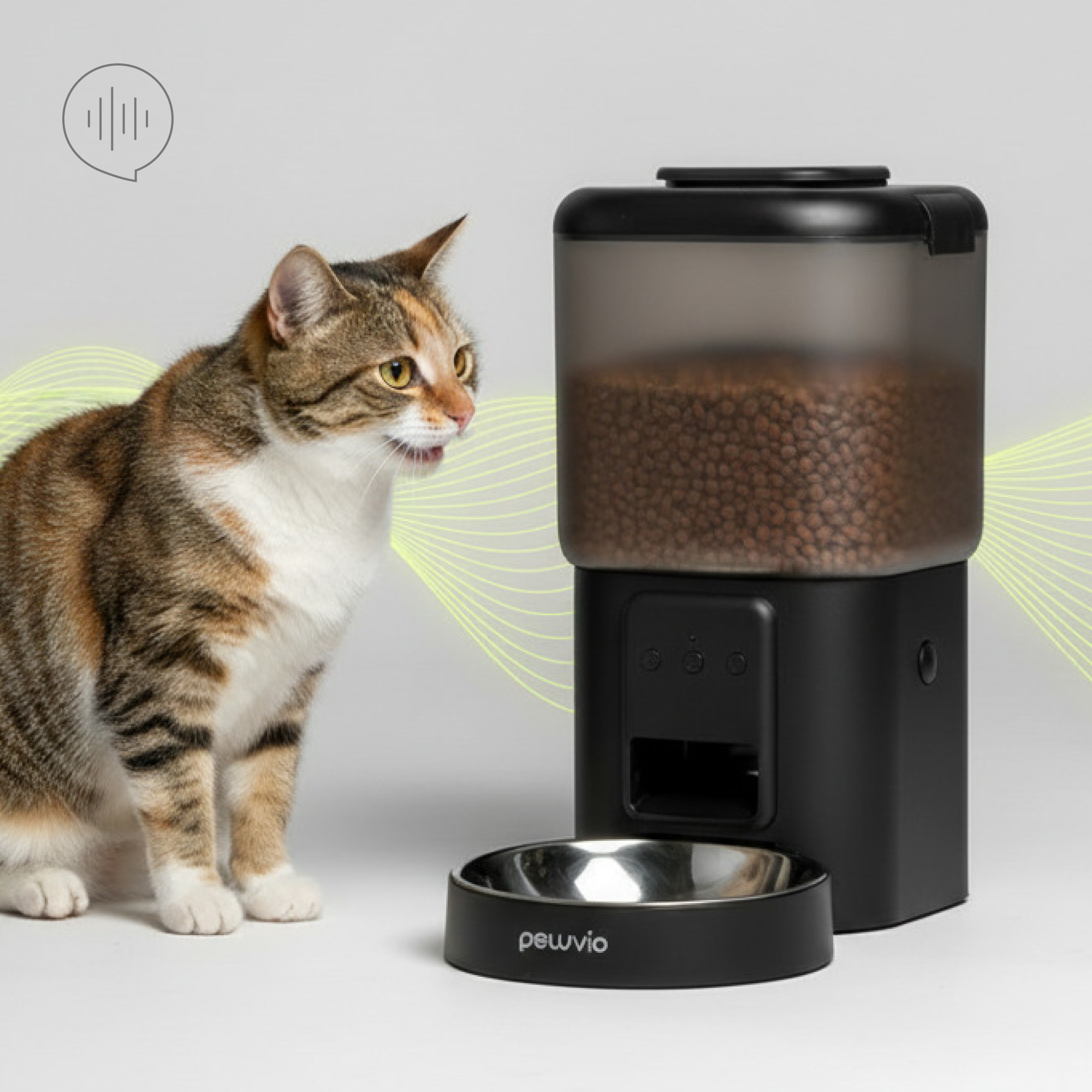 Eine Katze blickt auf einen Futterautomaten mit Futter und einer Edelstahlschale.