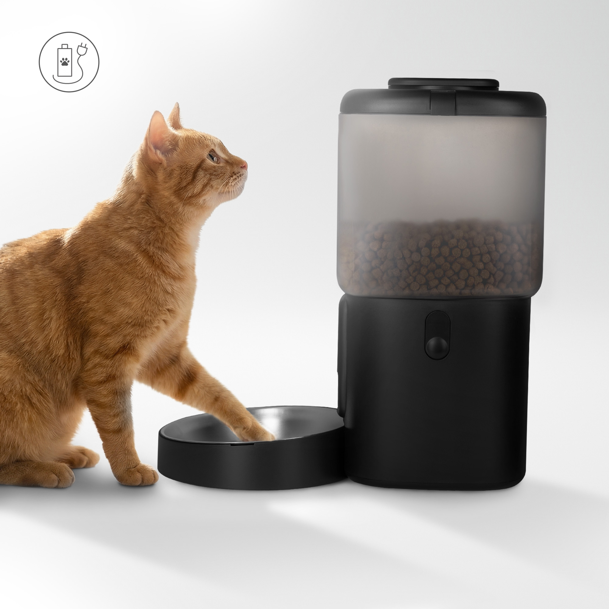 Eine orangefarbene Katze frisst aus einem Futternapf neben einem automatischen Futterspender.