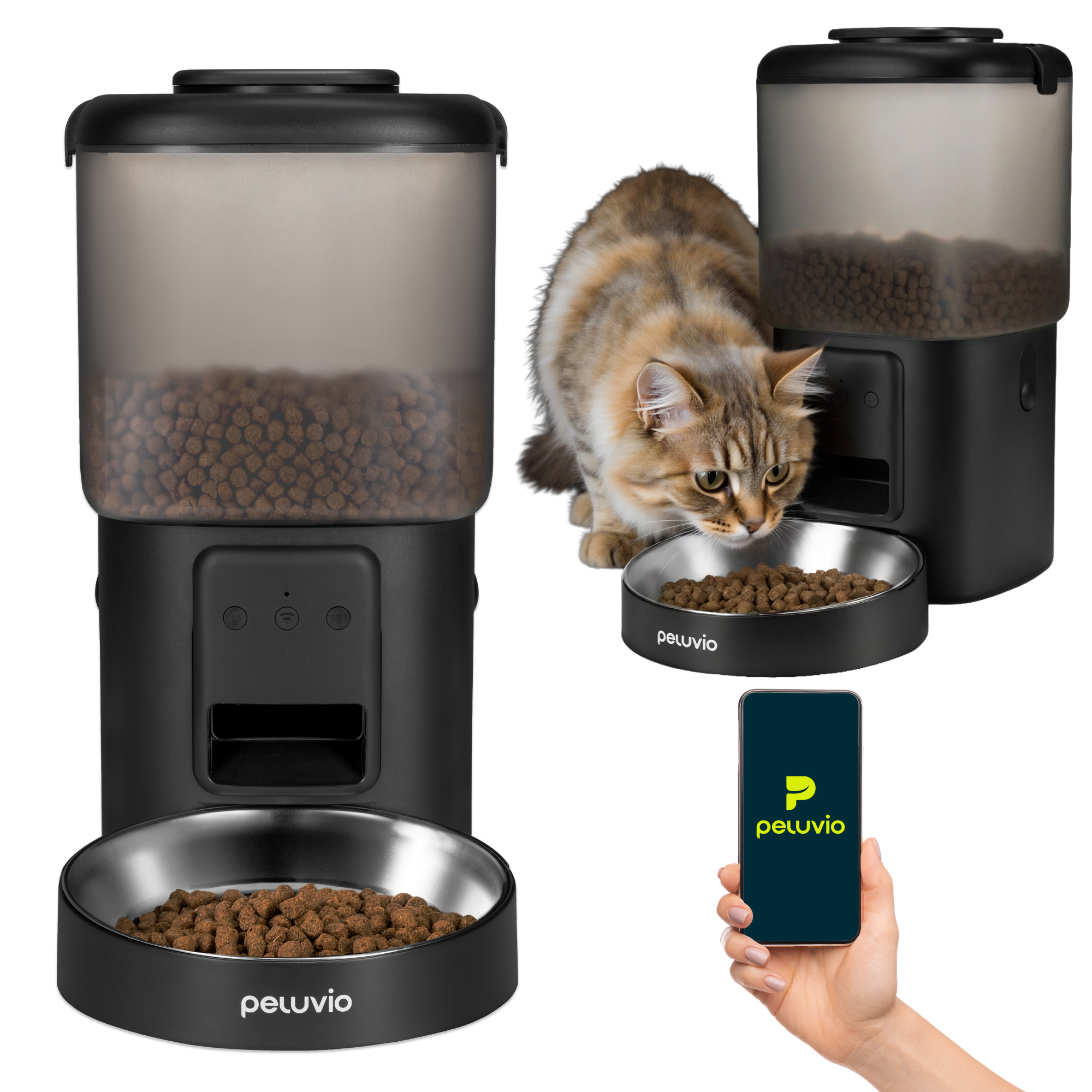 Ein schwarzer Futterautomat mit einer Katze, die frisst, und einem Smartphone.