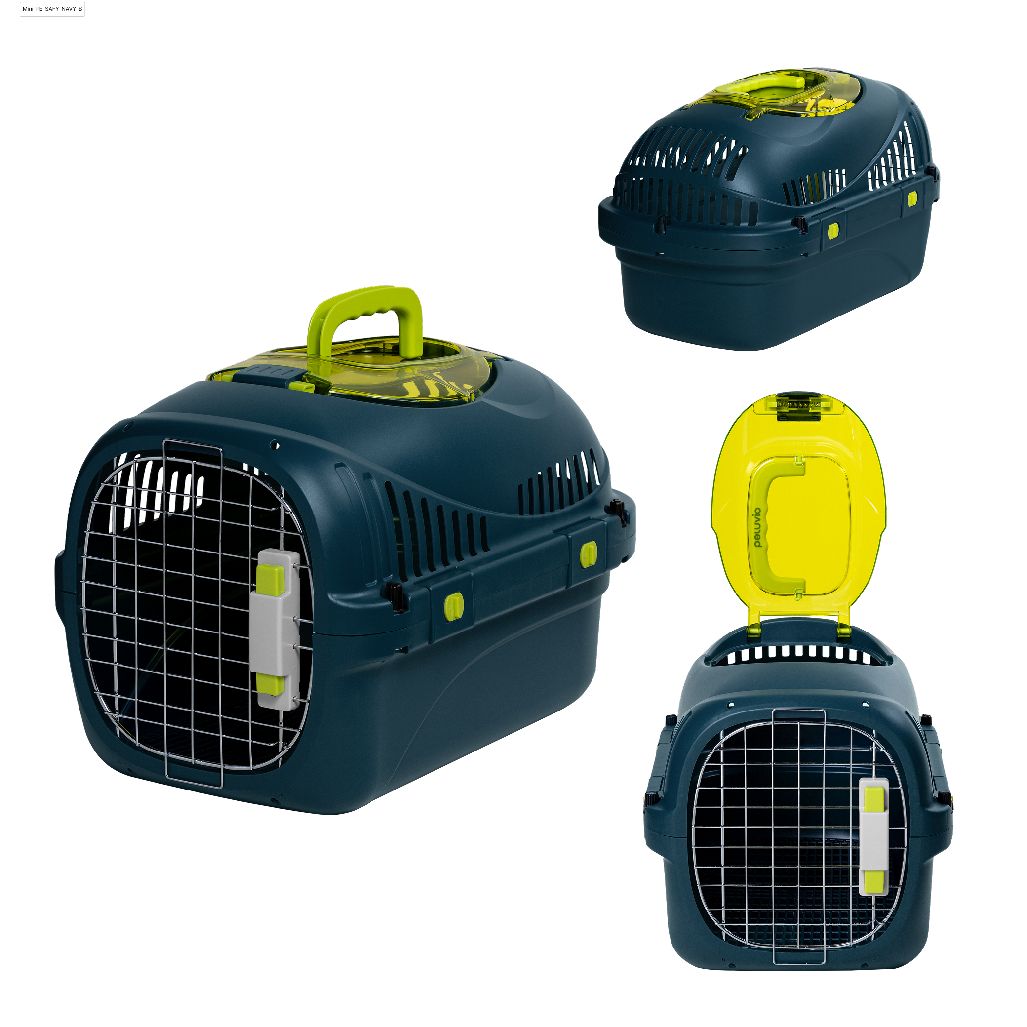Dunkelblaue Transportbox für Haustiere mit gelbem Griff und Lüftungsschlitzen.