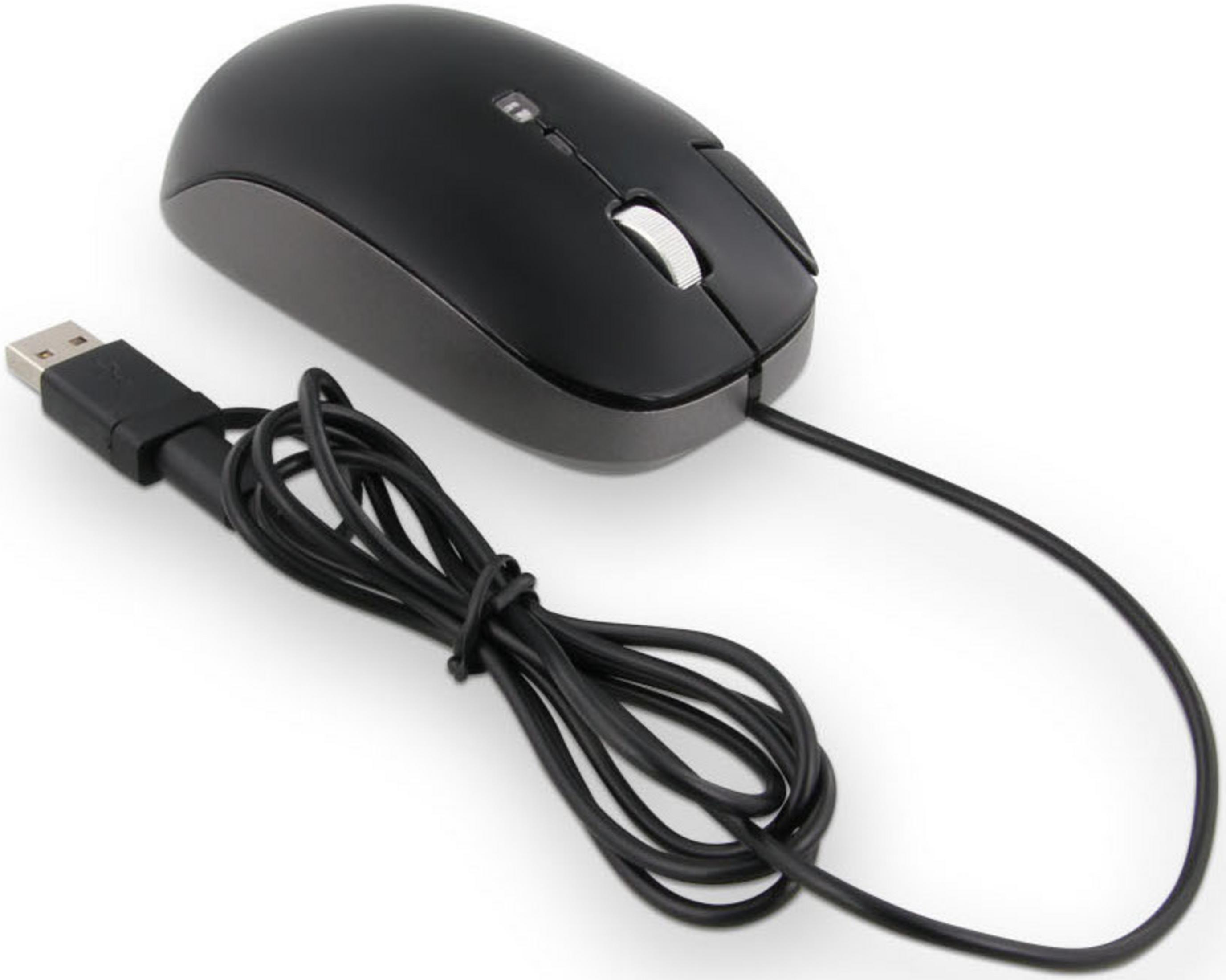 Un ratón de ordenador USB negro con rueda y cable sobre fondo blanco.