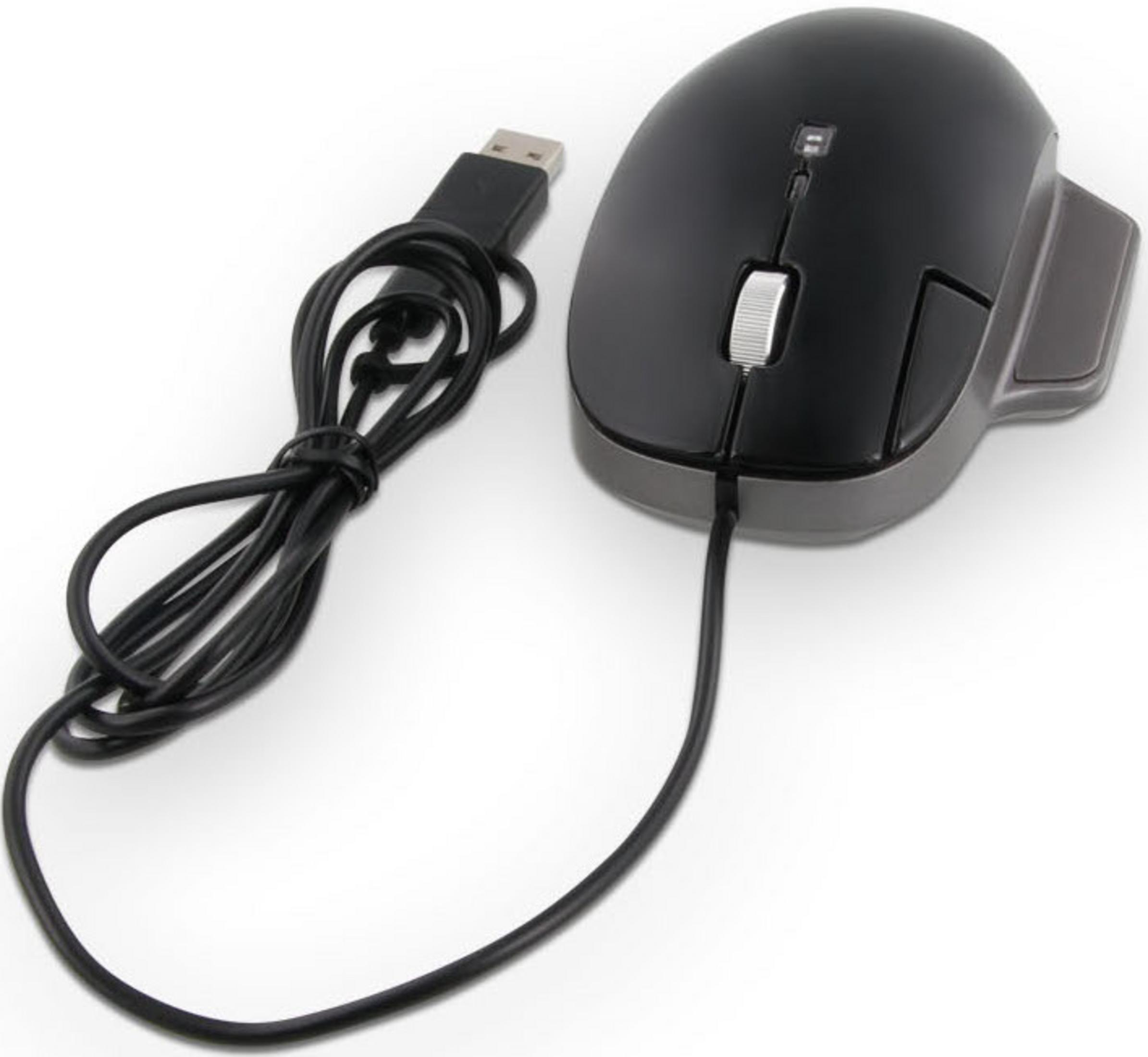 Ratón USB negro con rueda de desplazamiento gris y cable sobre fondo blanco.