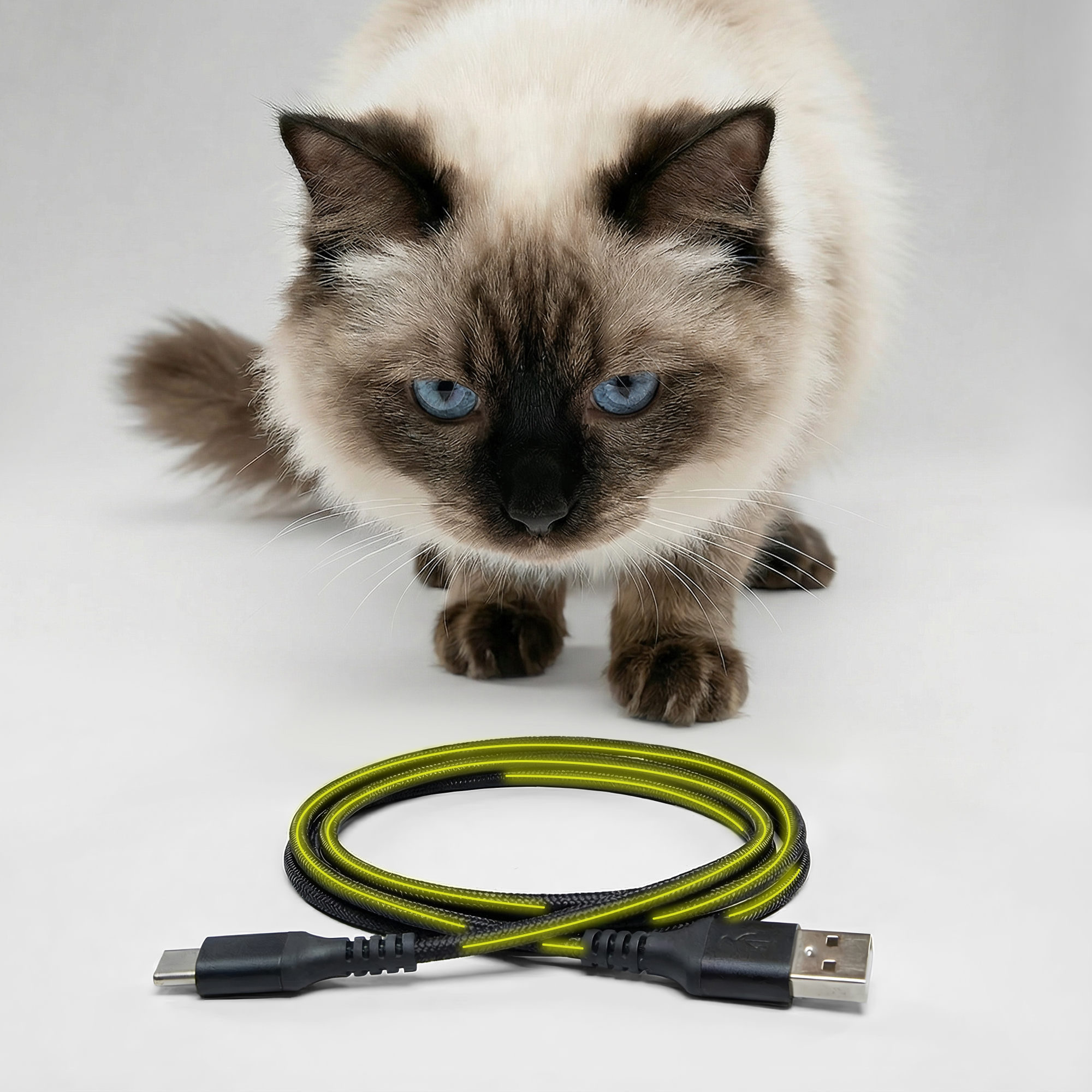 Eine Katze mit blauen Augen schaut auf ein USB-C-Kabel.