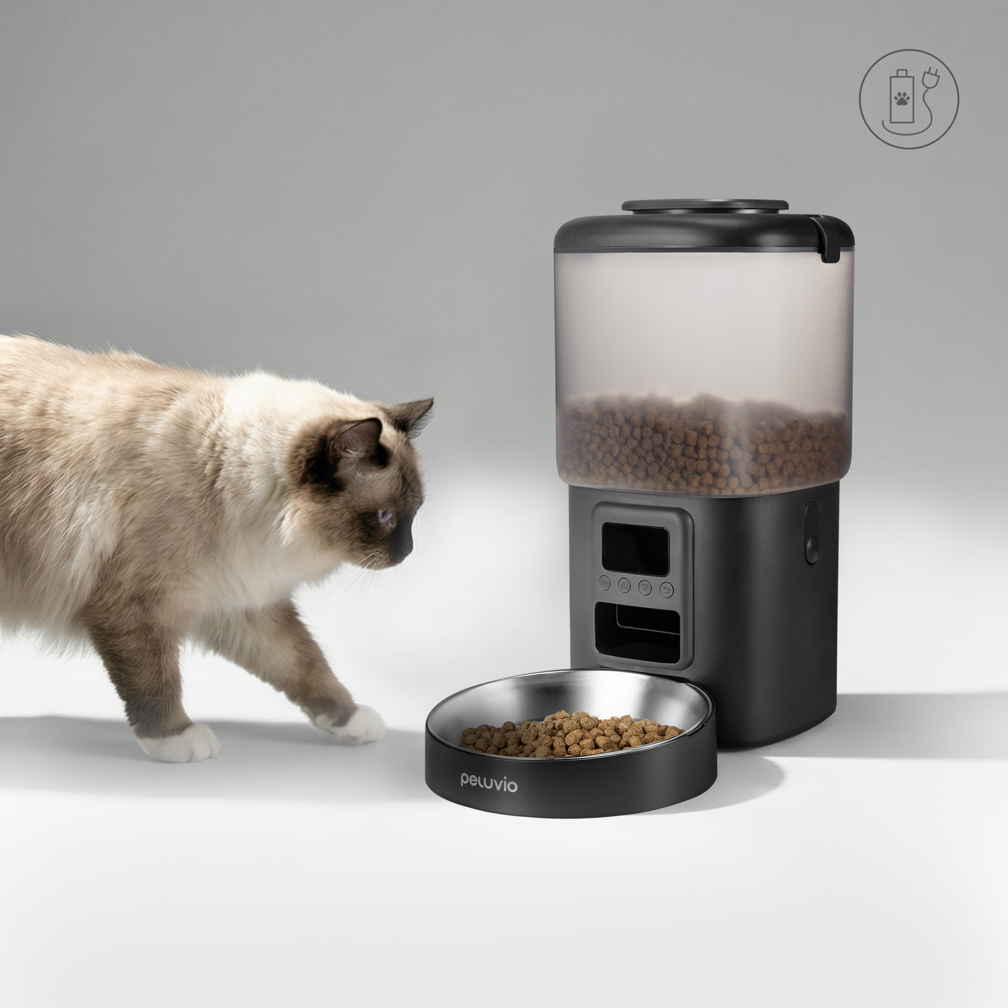 Eine cremefarbene Katze mit braunen Abzeichen blickt auf einen schwarzen Futterspender mit einer Schüssel Trockenfutter auf einer weißen Oberfläche.