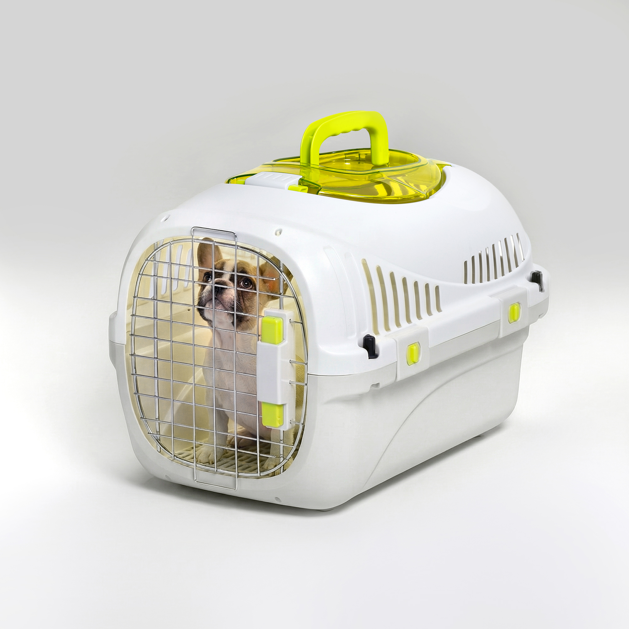 Ein Hund sitzt in einer weißen und gelben Transportbox mit einem Gittertor.