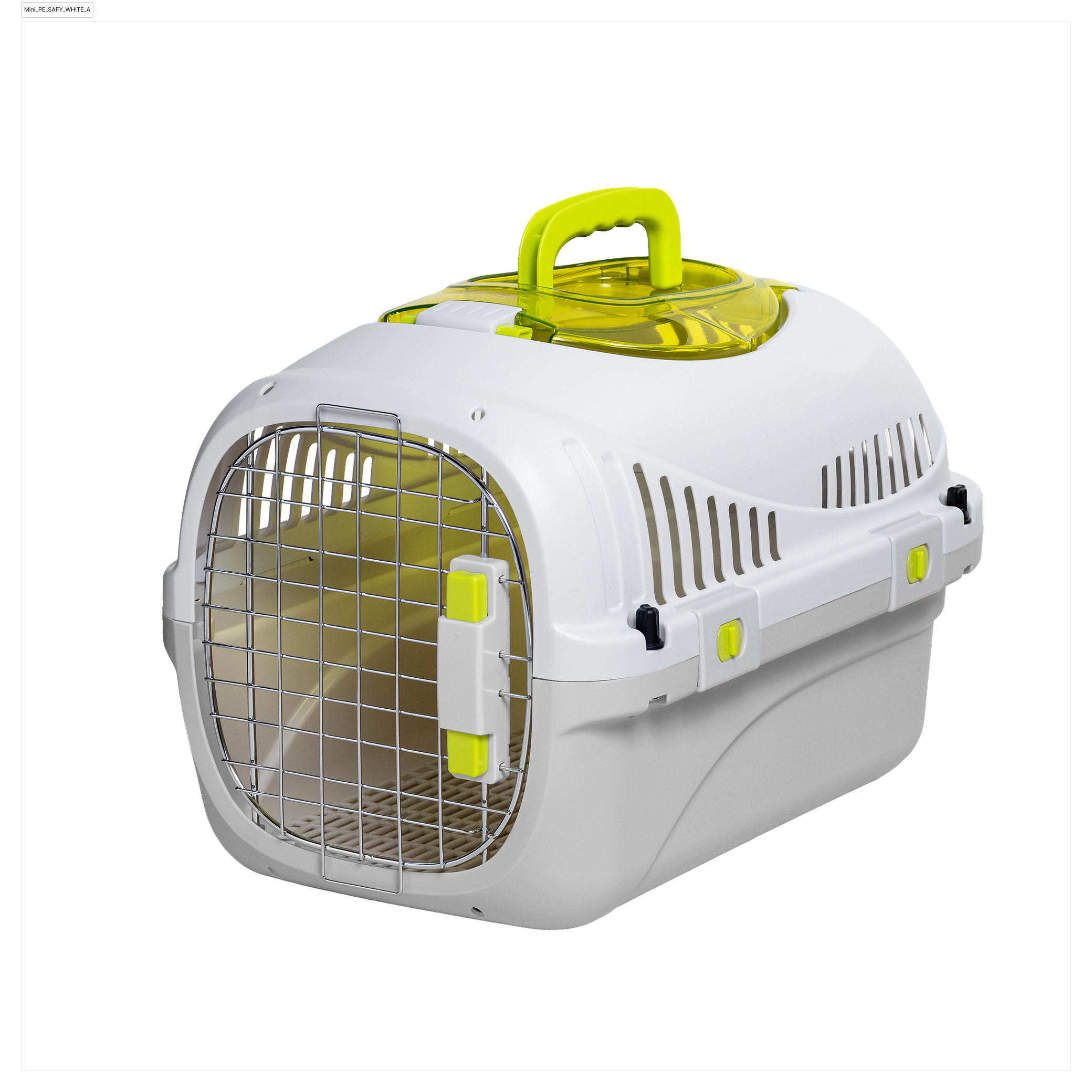 Ein weißer und gelber Tierkäfig mit Metallgittertür und Griff.