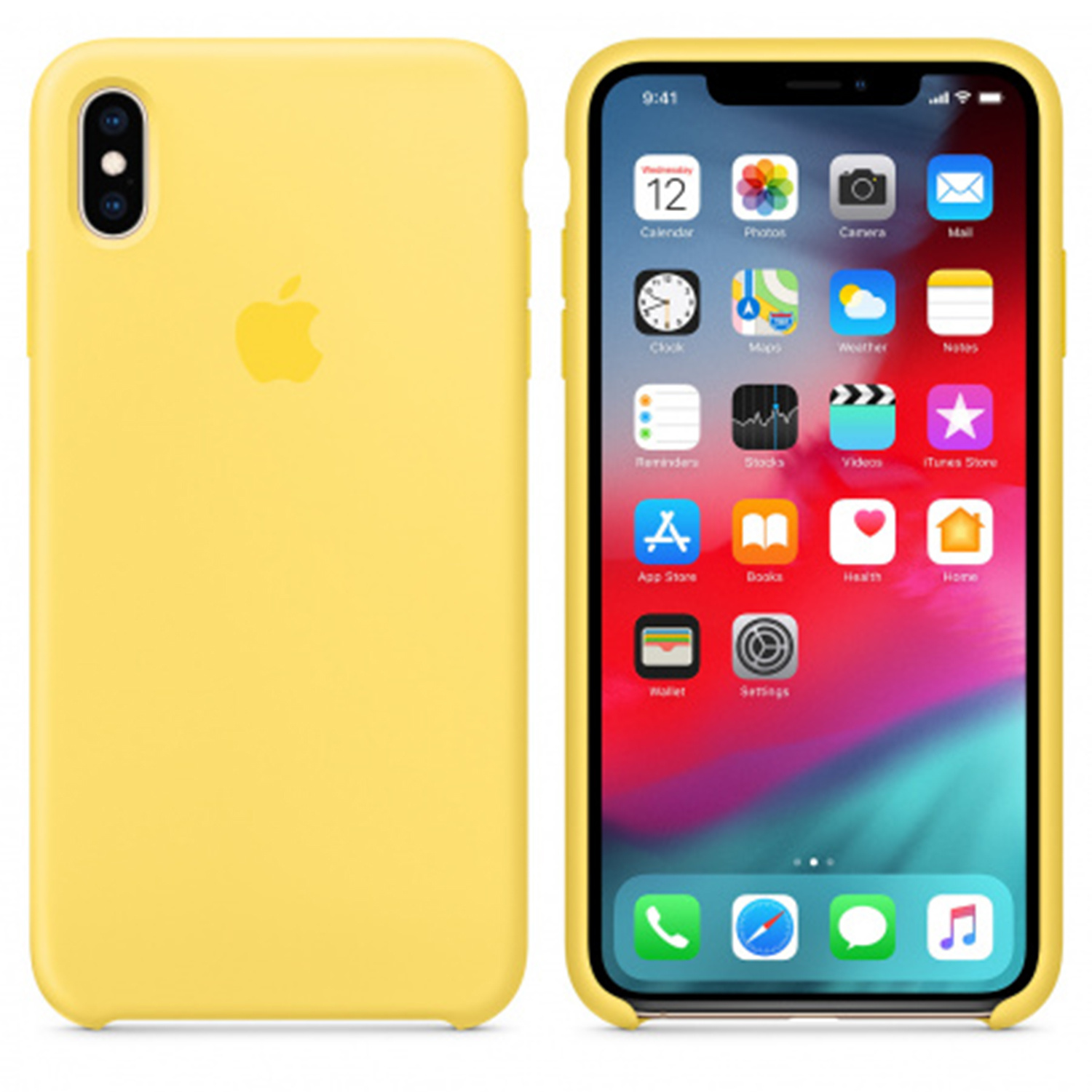 Ein gelbes iPhone mit Hülle, Vorder- und Rückseite.