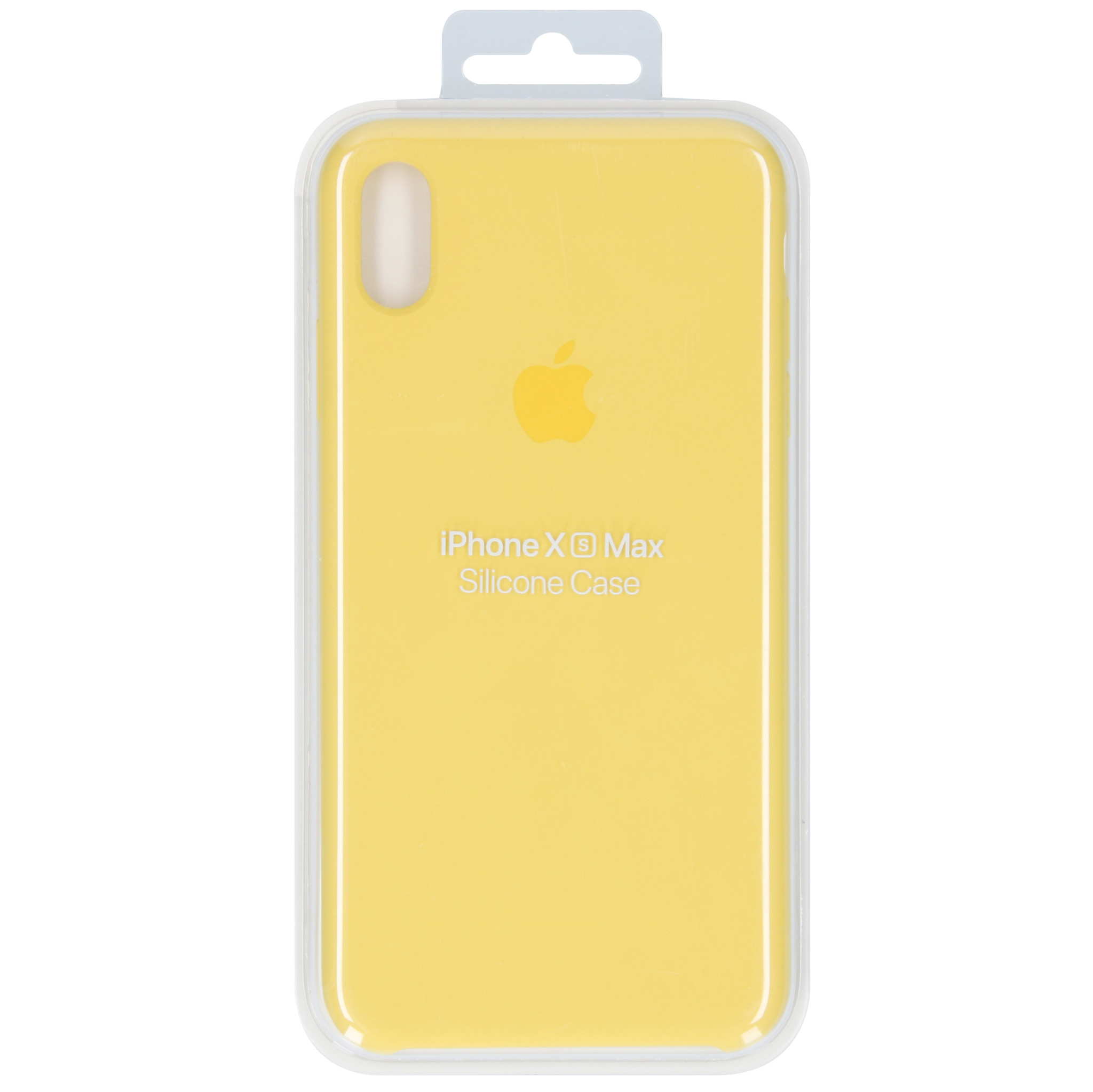 Gelbe iPhone Hülle mit Apple Logo und Schriftzug, in Verpackung.