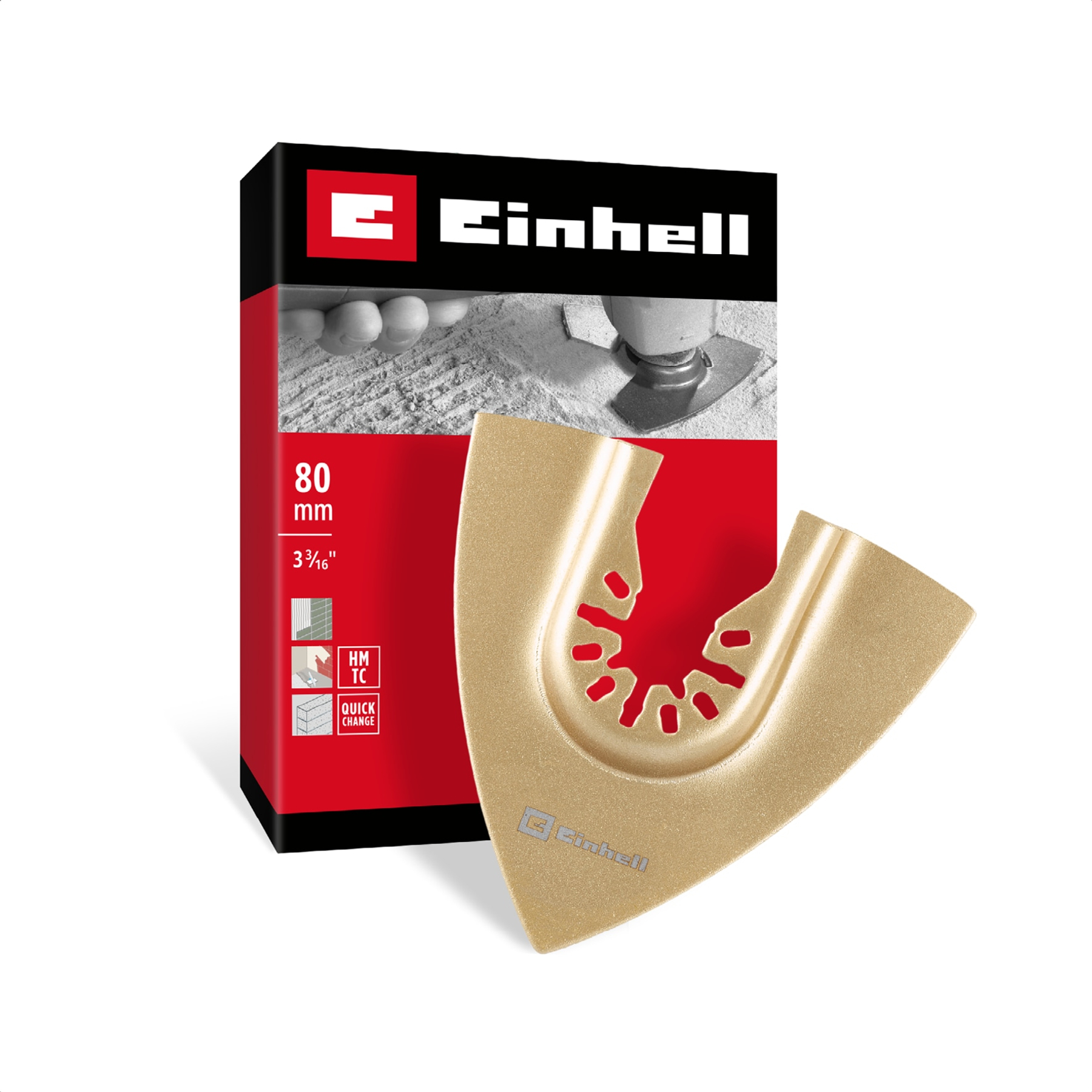 Ein goldenes Einhell-Sägeblatt mit Lochmuster liegt vor einer Verpackung.