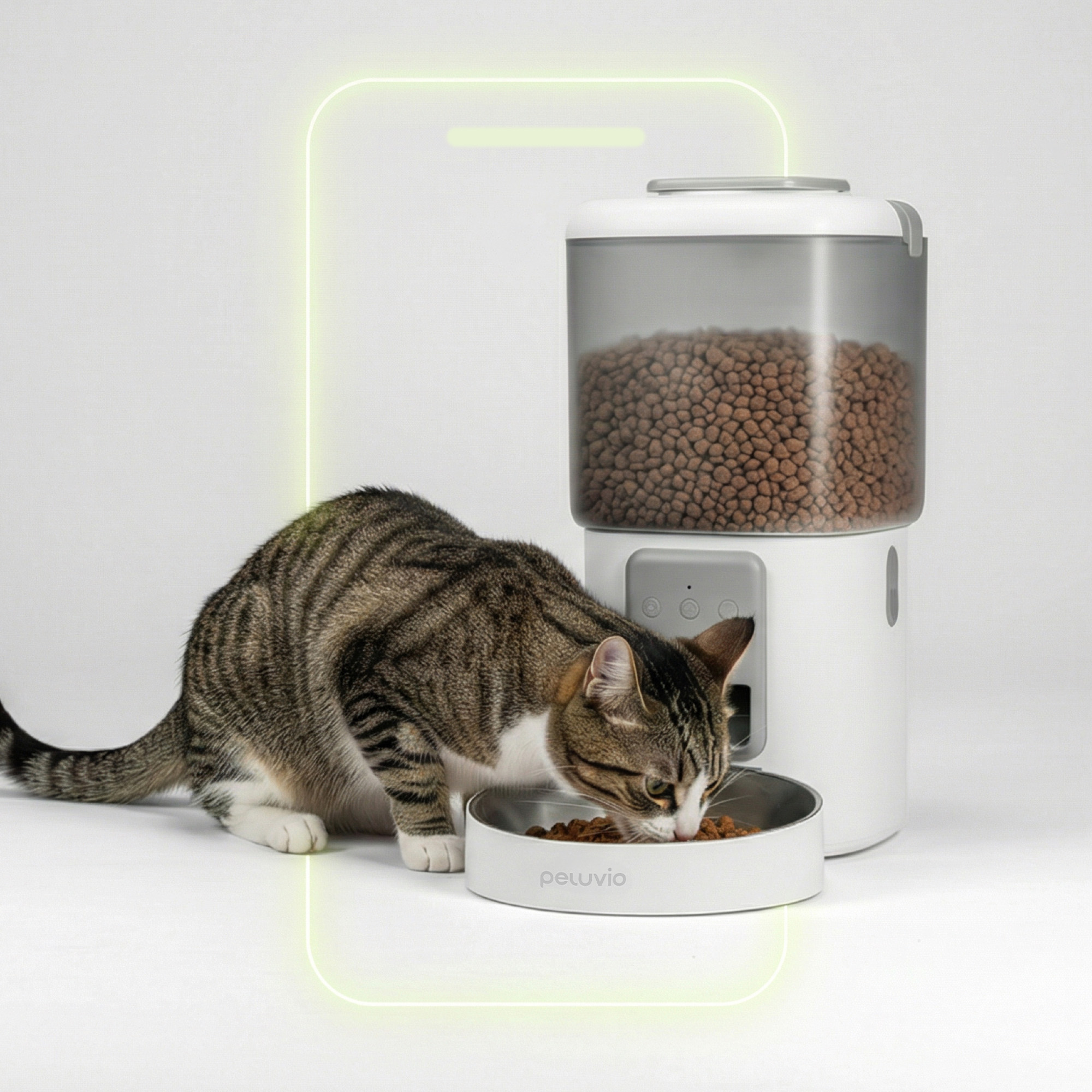 Eine Katze frisst aus einem Napf neben einem automatischen Futterspender.