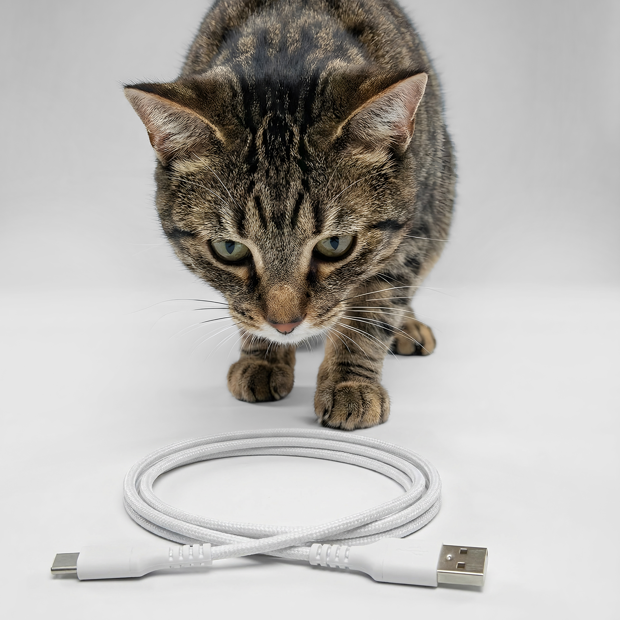 Eine getigerte Katze blickt neugierig auf ein weißes USB-Kabel mit zwei Anschlüssen.