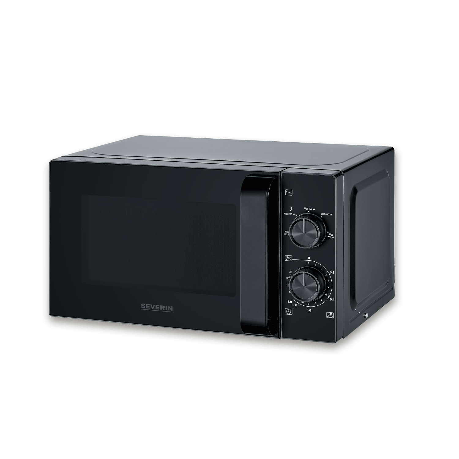 Forno a microonde Severin nero con manopole e maniglia argentata.