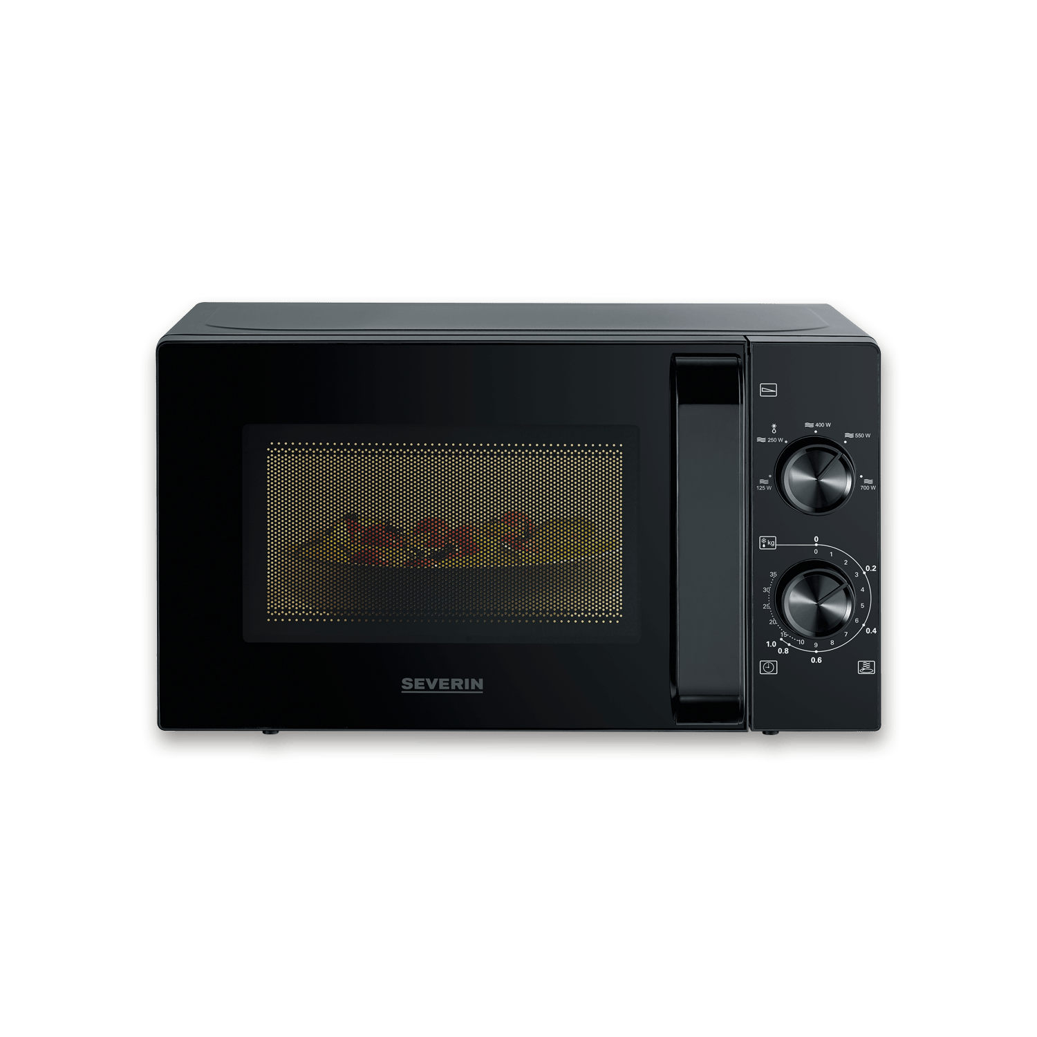 Forno a microonde nero con interno illuminato e manopole.