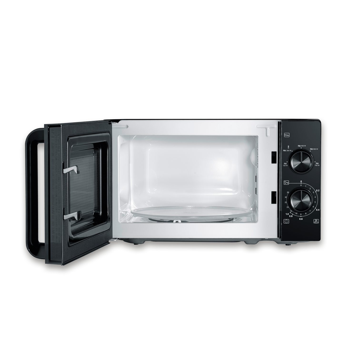 Forno a microonde nero con porta aperta, piatto girevole in vetro interno.