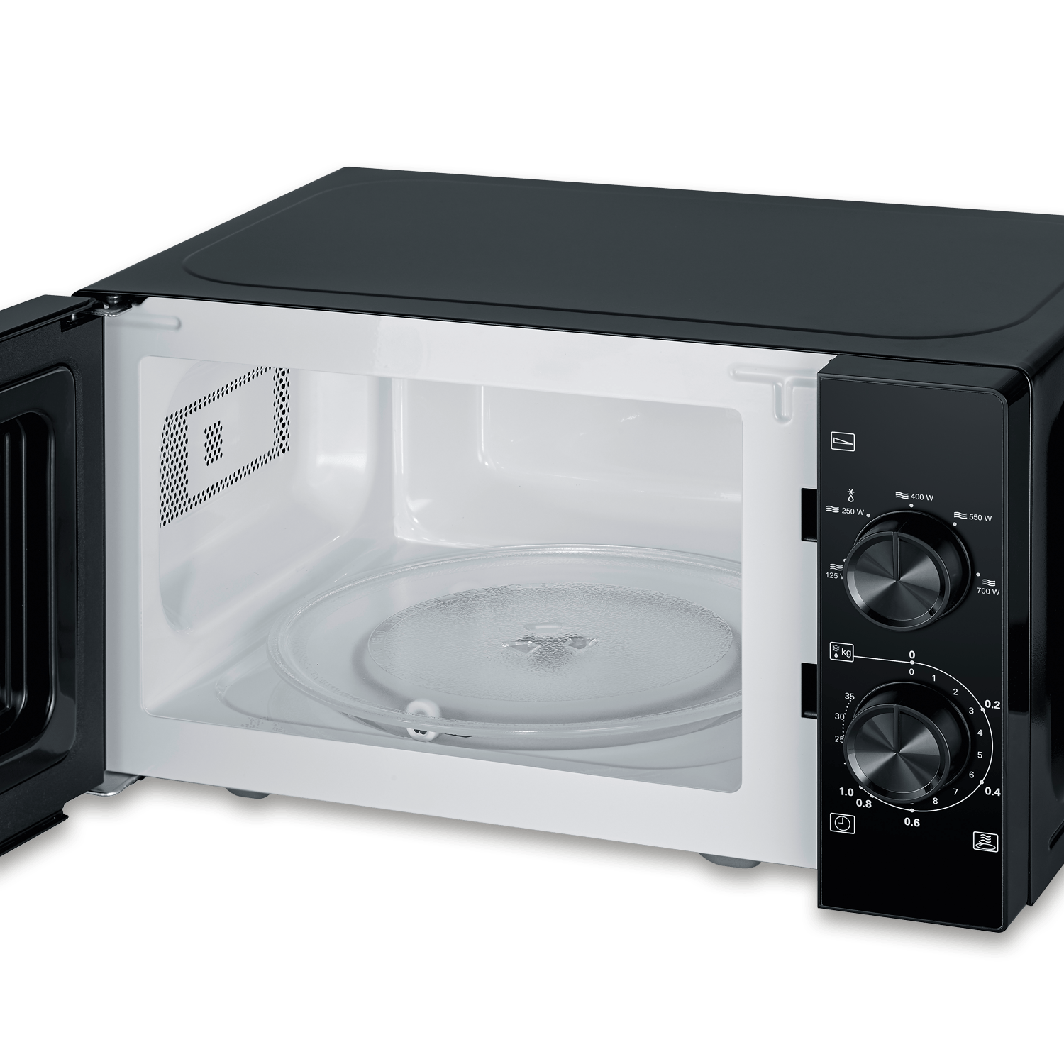 Forno a microonde nero con porta aperta e piatto girevole in vetro. Pannello di controllo con manopole.